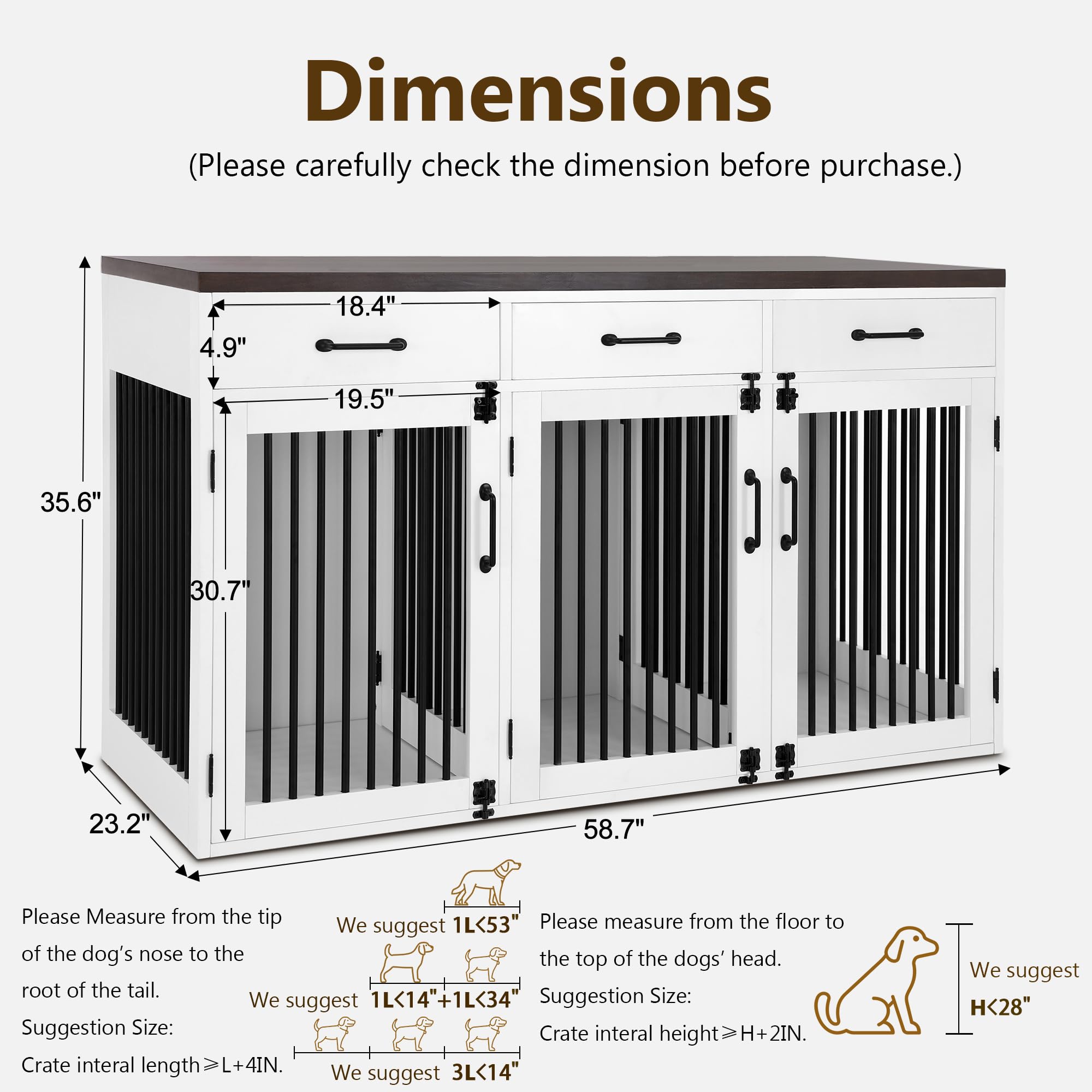 Lovupet Wooden Dog Crate Furniture with Lockable Doors, Removable Dividers, and Drawers, Pet Kennel Table for Small/Medium/Large