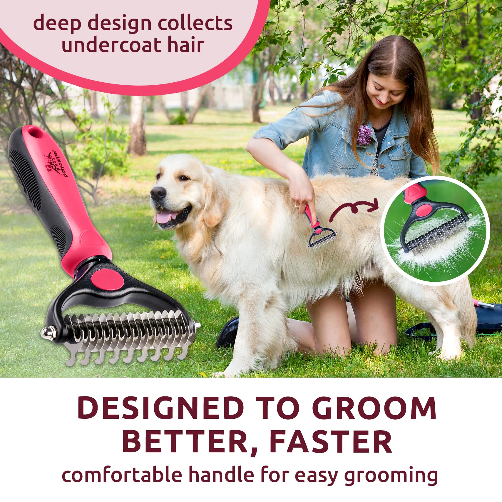 Pat Your Pet Deshedding Brush - Double-Sided Undercoat Rake For Dogs & Cats - Shedding Comb And Dematting Tool For Grooming, Extra Wide