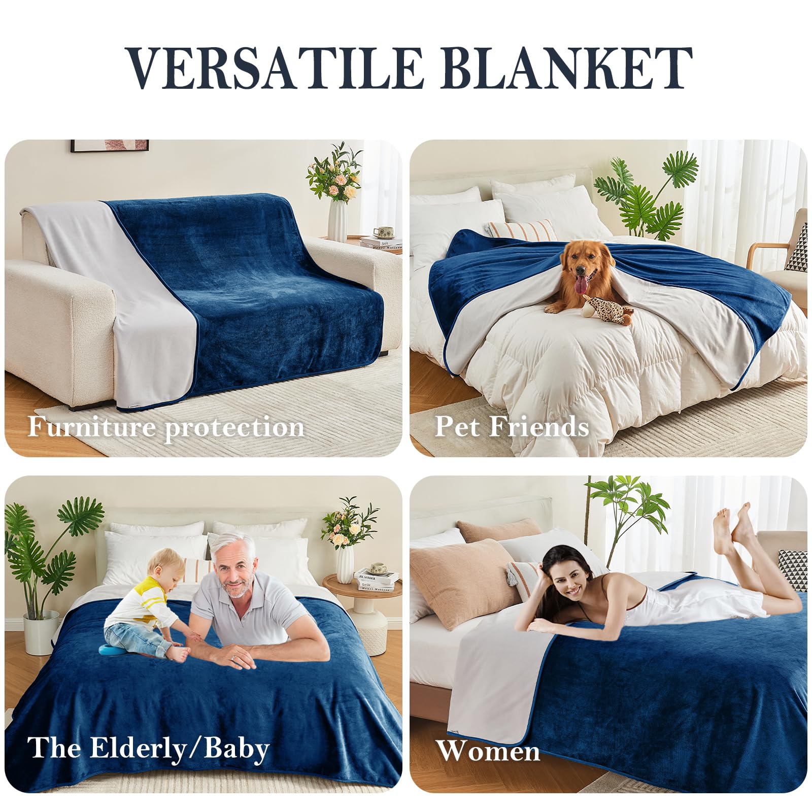 Yaning Waterproof Blanket - Reversible Bed Cover for Pets, 60"x80", Navy Blue/Light Grey, Soft Leakproof Protector for Couch & Furniture