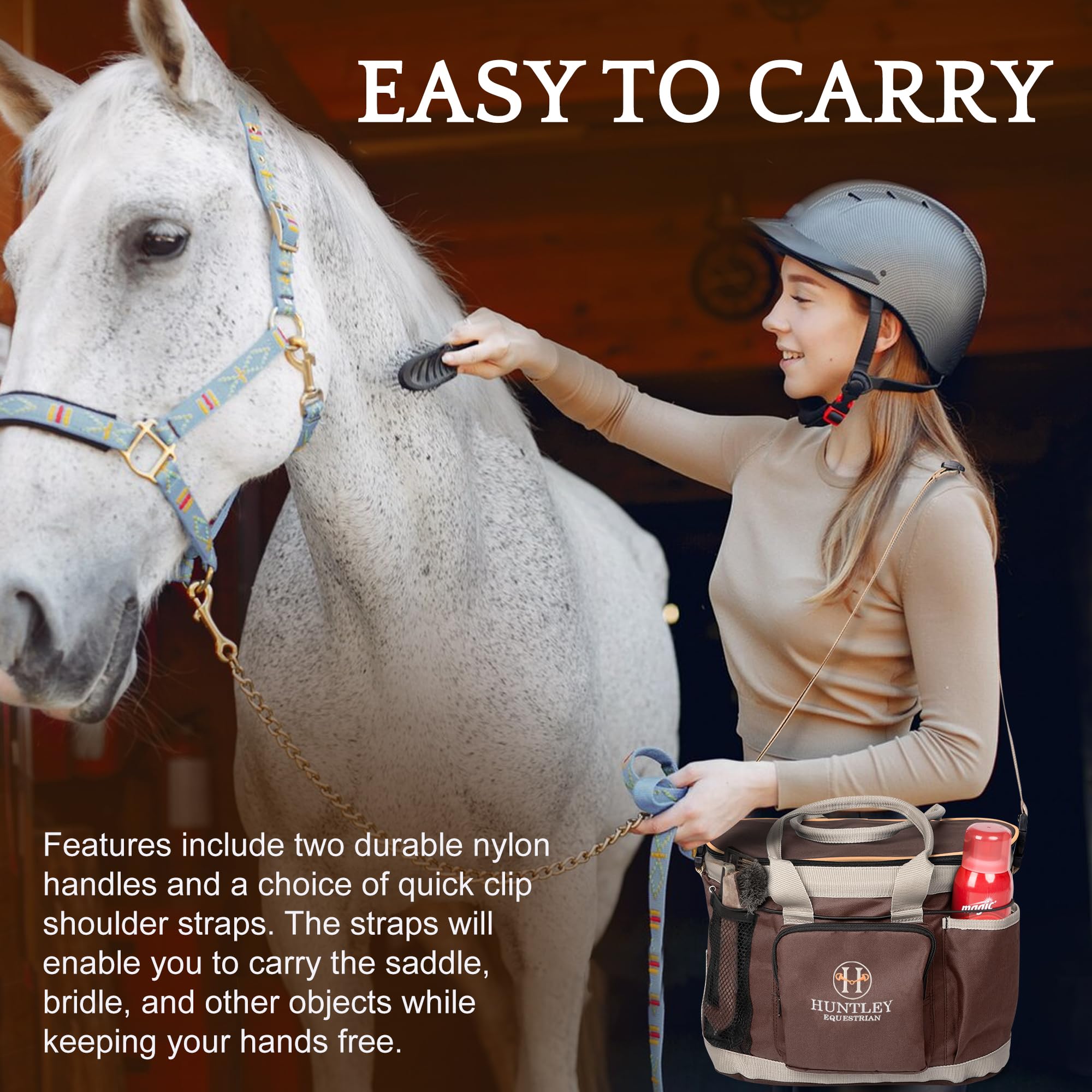 Huntley Equestrian Deluxe Grooming Bag Perfectly Designed Easy Access Multi Pocket Zipper Top Closure Double Handles Shoulder Strap Exterior Pockets - Brown