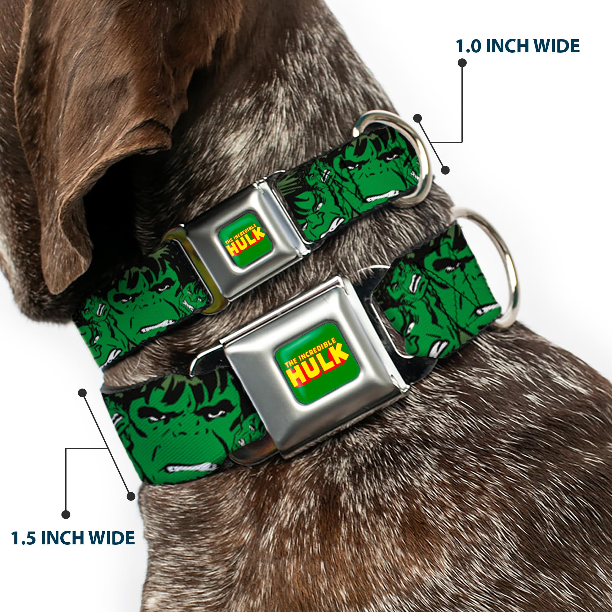 Buckle-Down Seatbelt Buckle Dog Collar - The Incredible Hulk W/Repeat Close-Up - 1.5' Wide - Fits 18-32' Neck - Large