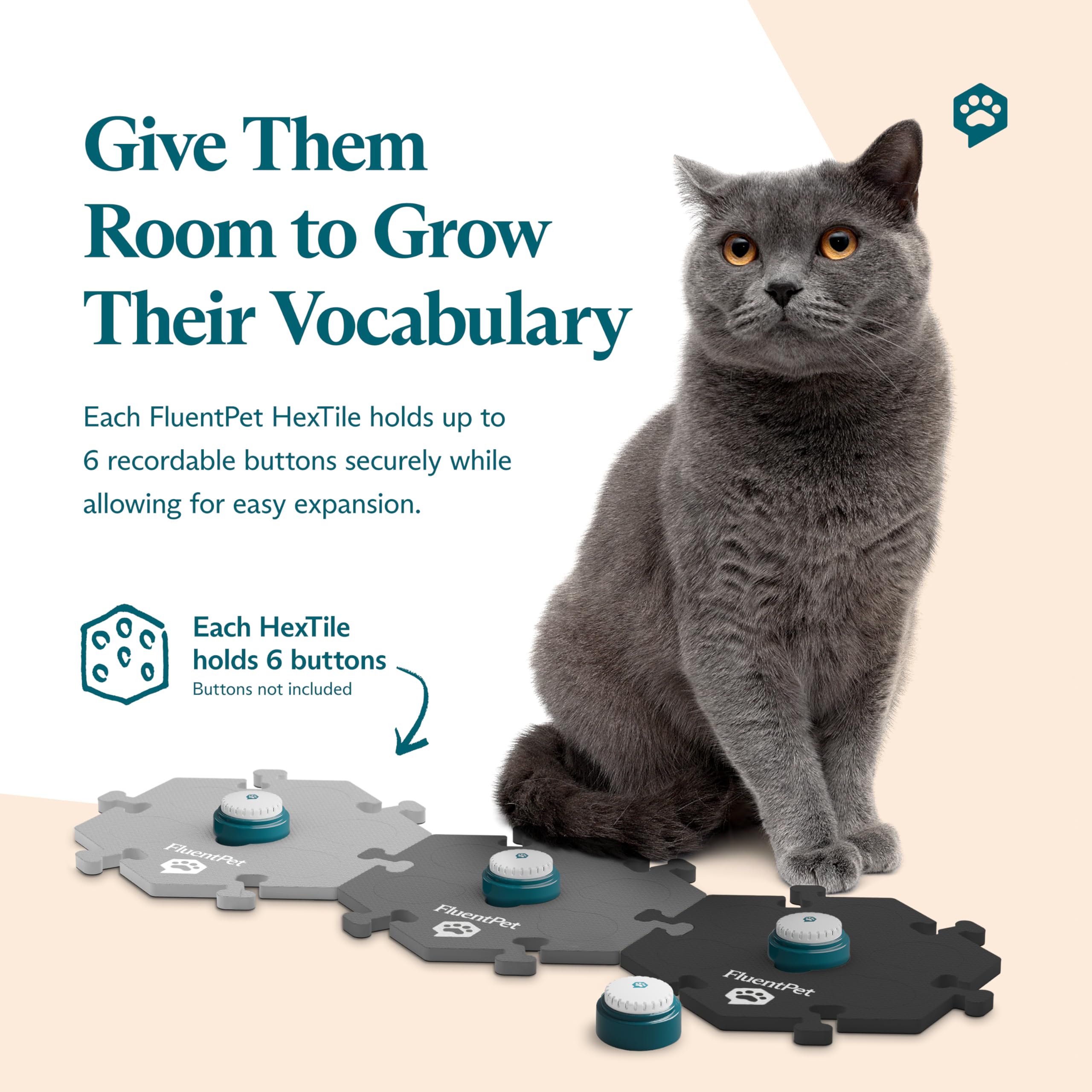 FluentPet HexTile Talking Button Mat - Light Gray, Holds Up to 6 Buttons, Soft & Non-Slip Gift for Pet Lovers