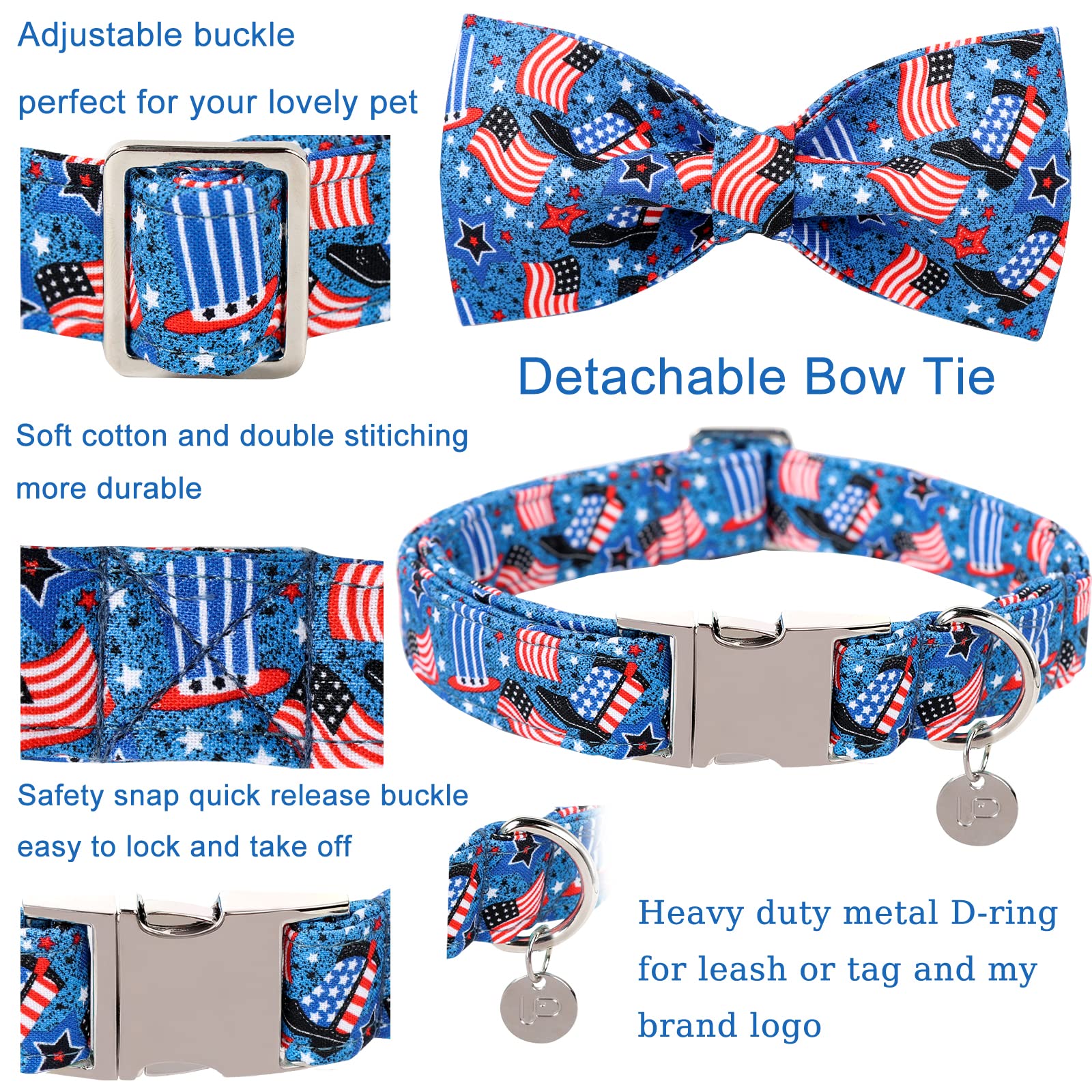 Up Urara Pup Patriotic Dog Collar With Bow Tie, 4Th Of July Bowtie Dog Collar, American Flag Collar For Puppy Boy Girl Dog Or Ca