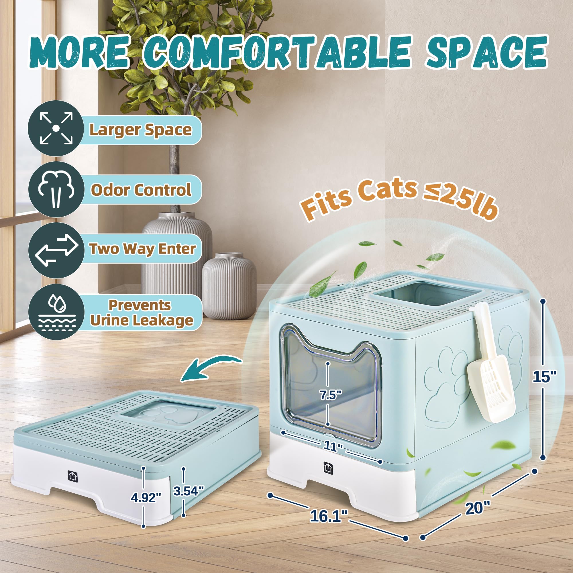 HOMAGICO Extra Large Enclosed Cat Litter Box, Foldable with Lid, Odor Control, Blue, Model HO-CLB-X