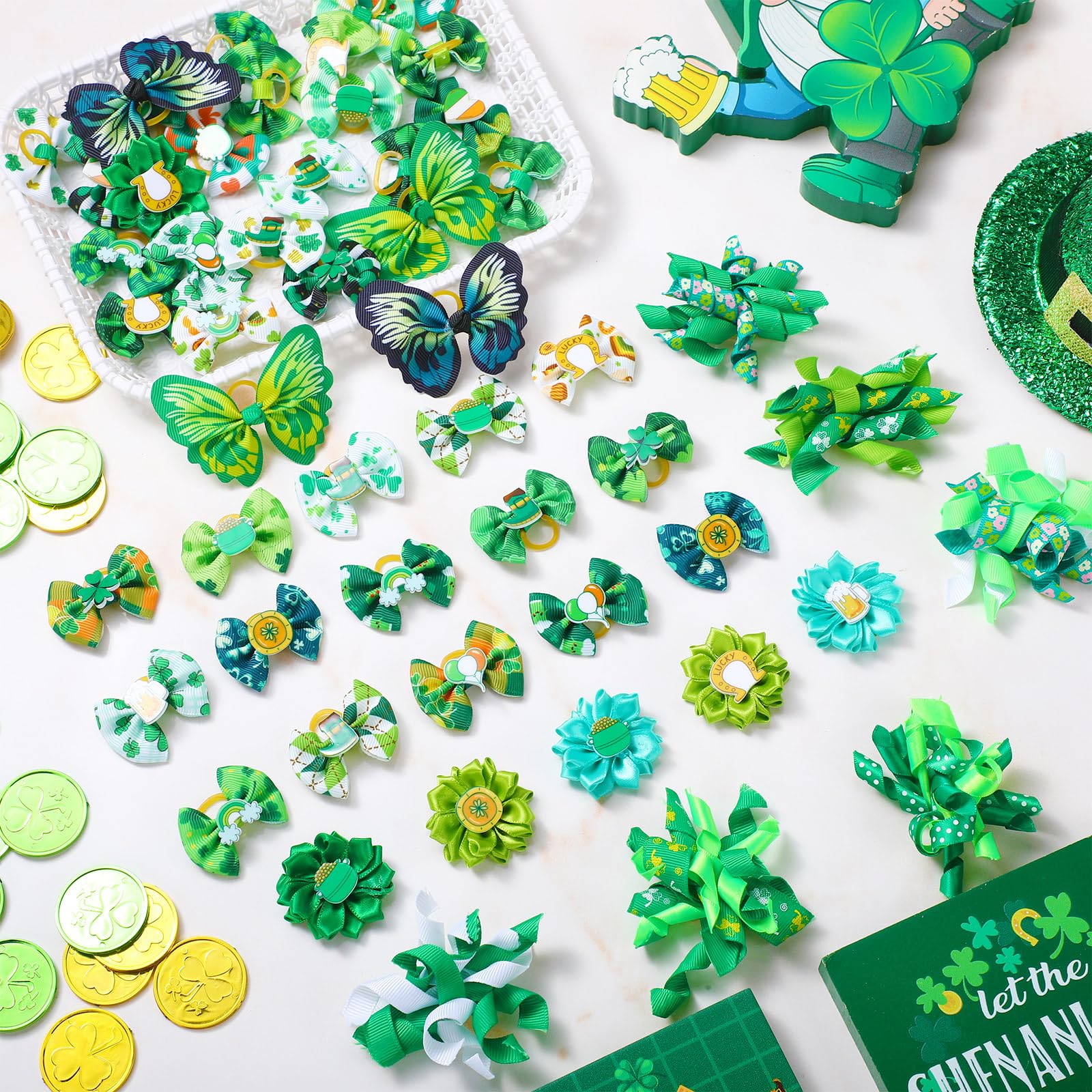 Wavwavw 52 Pieces St Patrick'S Day Bulk Dog Hair Bows With Rubber Bands St Patrick'S Day Dog Grooming Shamrock Bows Holiday Iris