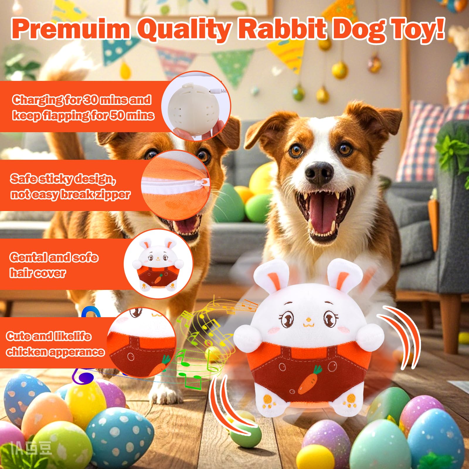 Interactive Dog Toys, Easter Dog Toys with Pop Songs & Recording Mode, Rechargeable Self Moving Ball for Small/Medium/Large Pupp