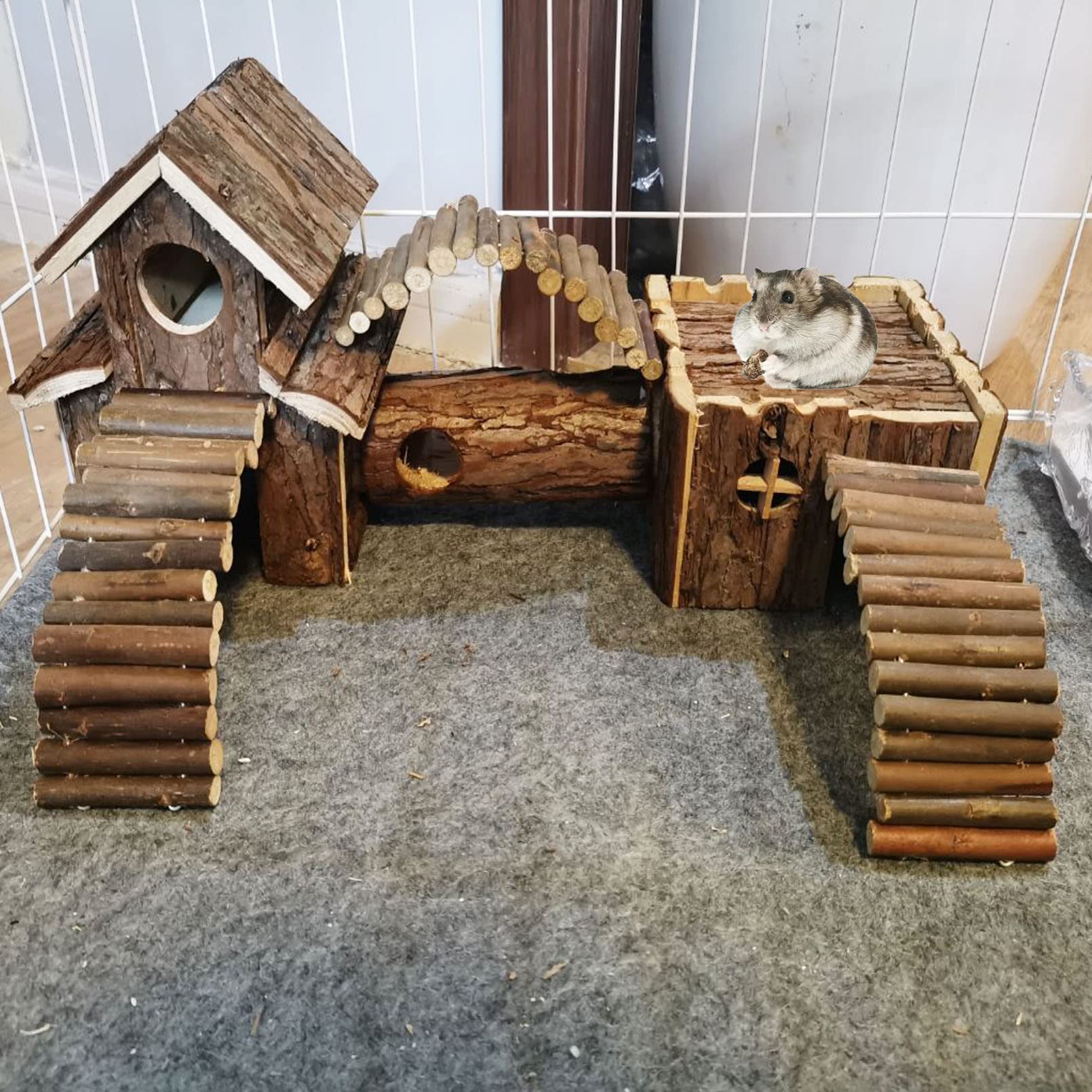 Natural Wooden Hamster Tunnel Playground Small Animal Multi-Room Hideouts Houses With Climbing Ladders & Bridge For Dwarf Hamste