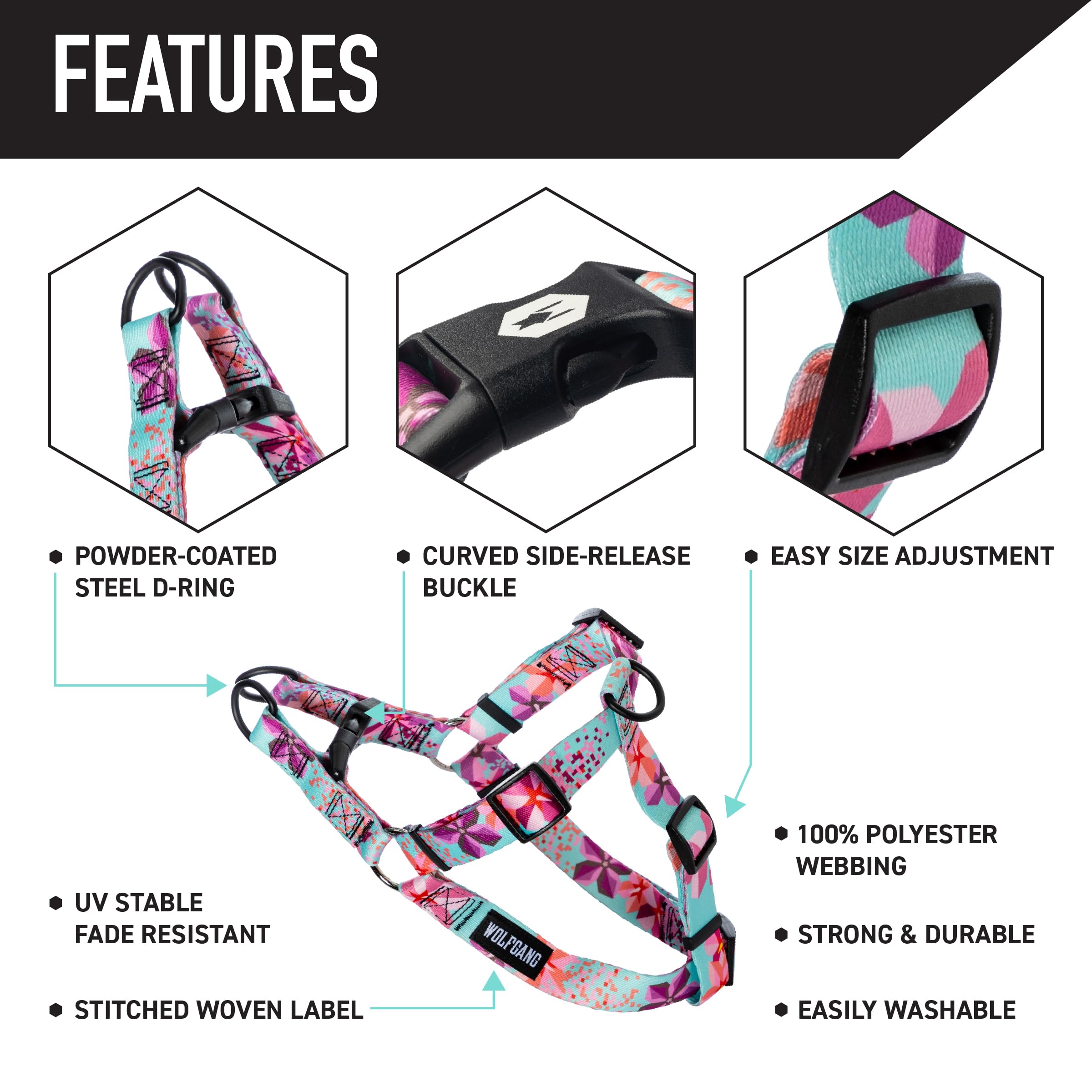 Wolfgang Heavy Duty Adjustable Dog Harness, Pull-Tested to Over 800 lbs for Walking & Training, DigiFloral Print, Medium
