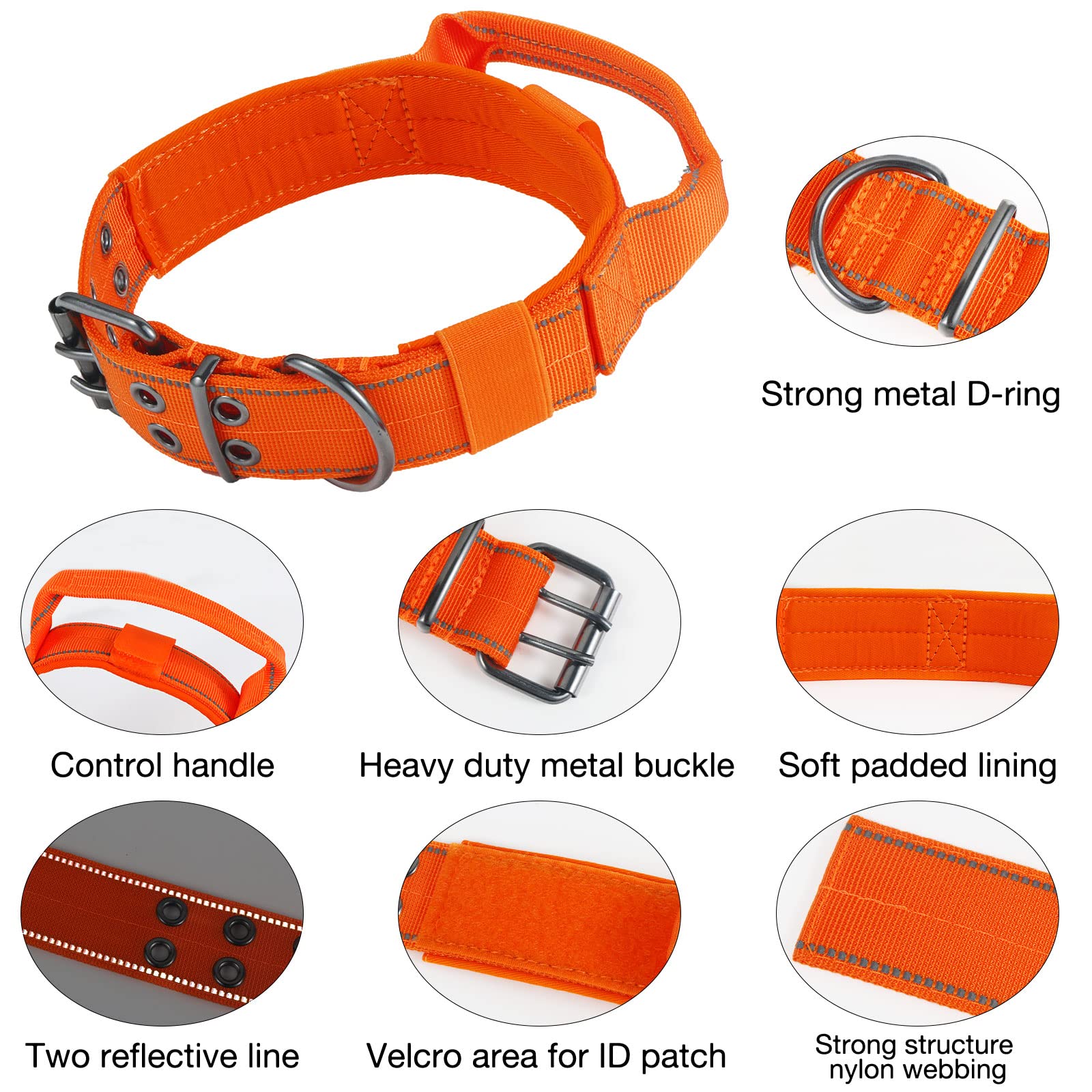 Yunleparks Reflective Dog Collar Heavy Duty Tactical With Control Handle And Metal Buckle For Dog Training(Medium, Orange)