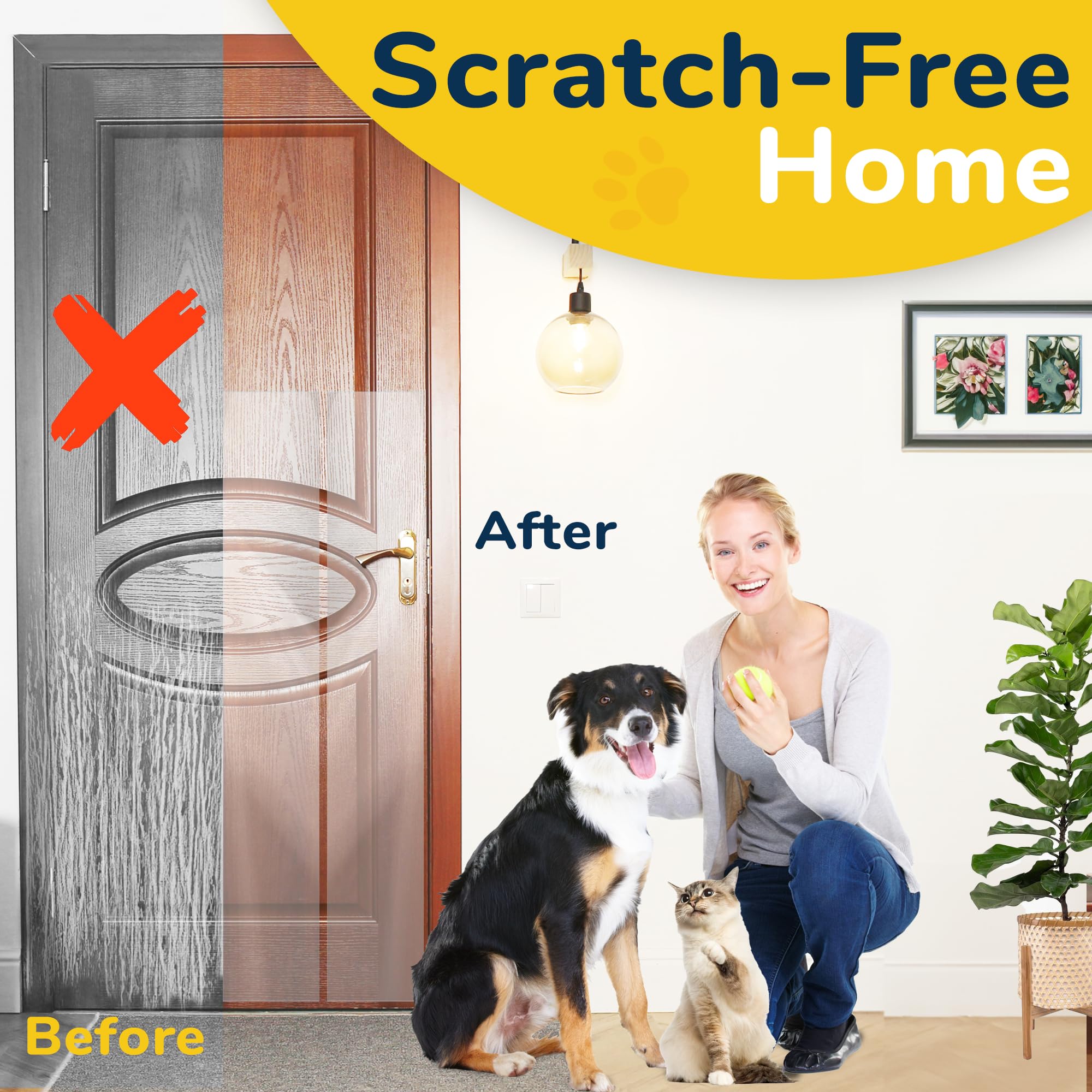 Protecto Cat & Dog Scratch Door Protector With Utility Knife - 60'' X 8'' Clear Wall Protector For Pet Scratching - Sticky And S