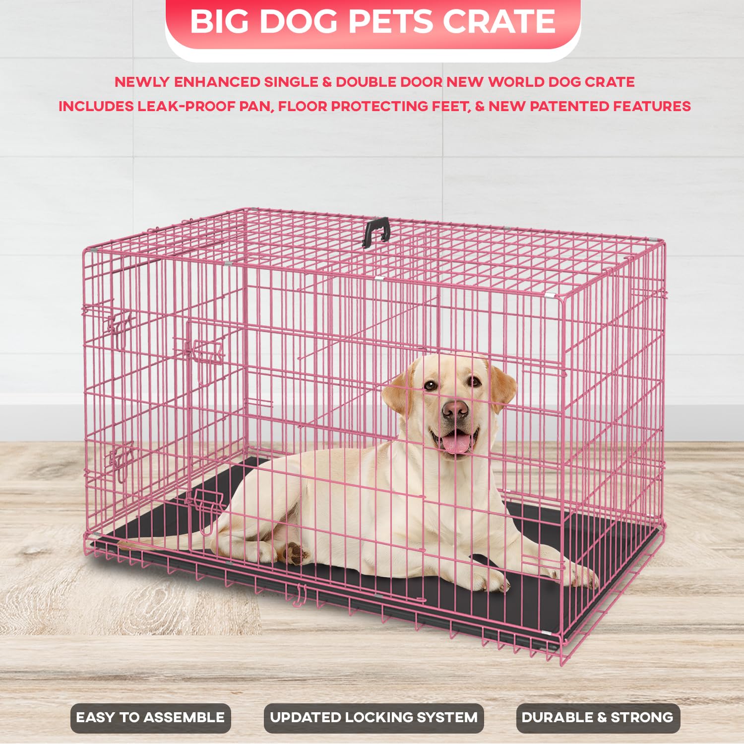 Fdw Dog Crate For Large Dogs 42 Inch Folding Metal Wirepet Cage Double Door W/Divider Panel Indoor Outdoor Kennel Leak-Proof Pla