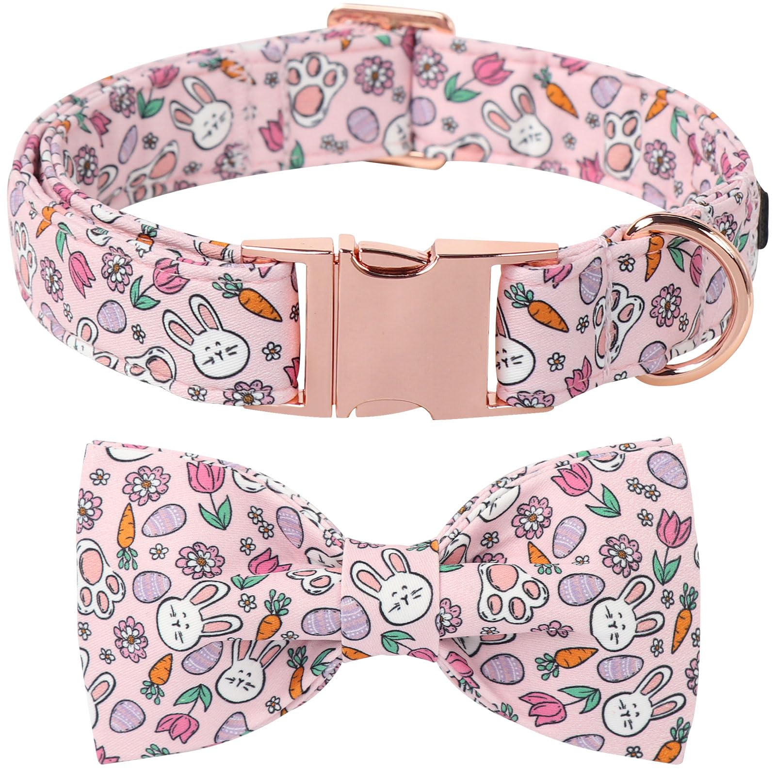 Lionet Paws Easter Pink Dog Collar, Rabbit Eggs Dog Collar For Large Dogs, Adjustable Cotton Tulips Pet Collars For Large Dogs