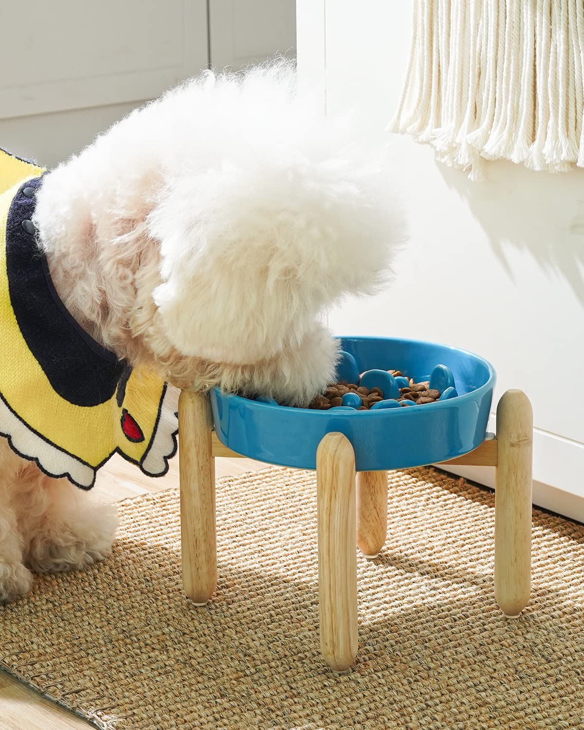 LE TAUCI Ceramic Slow Feeder Dog Bowls Elevated for Small and Medium Breed, Dog Bowls with Wooden Stand, 1.5 Cups Dog Dishes to