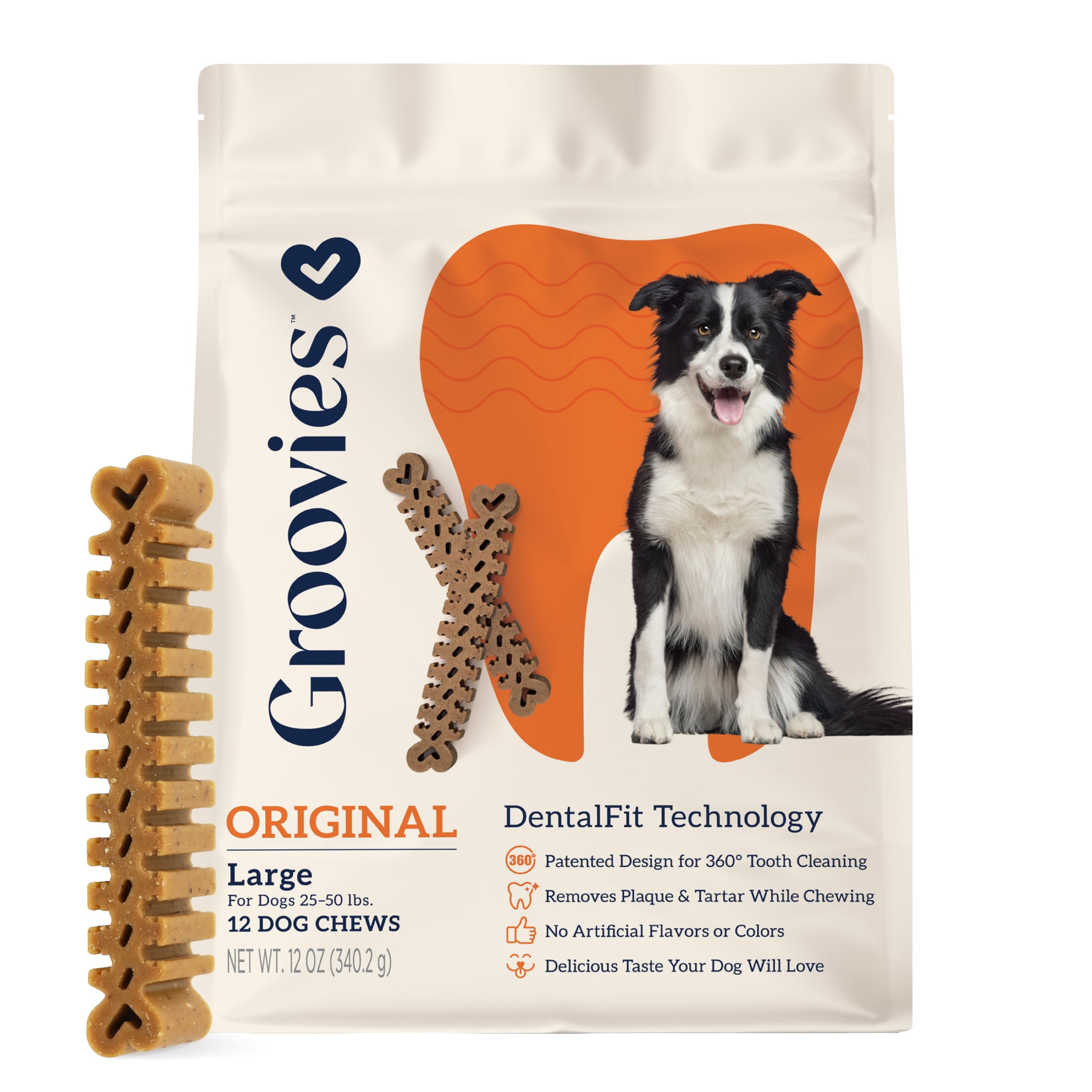 Groovies Flexible Dog Dental Chews with Patented DentalFit Technology to Help Support Tartar Control & Fresh Breath, Large Dog C