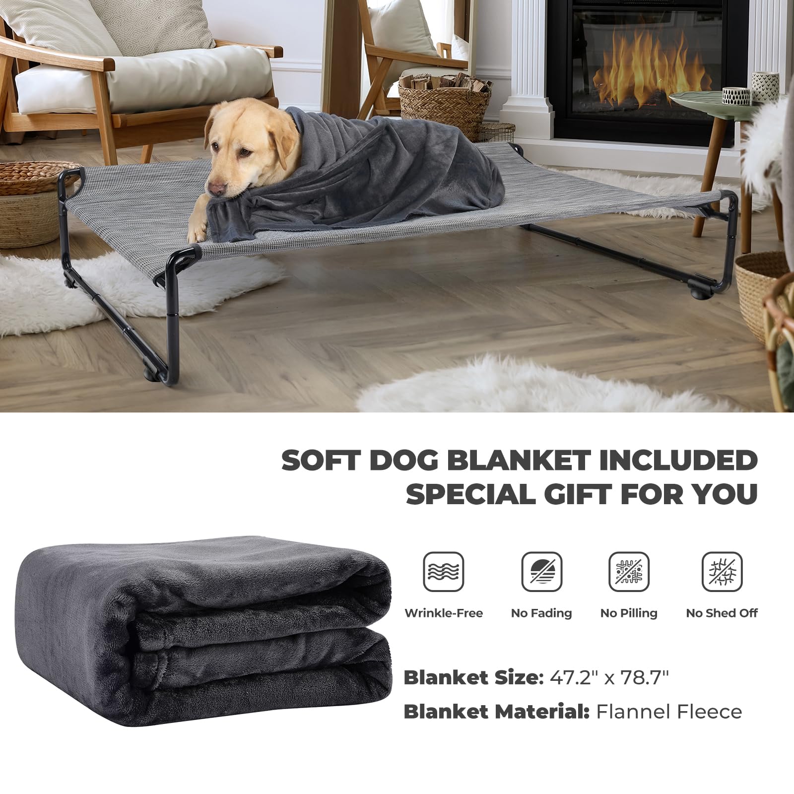 Veehoo Large Elevated Dog Bed With Flannel Dog Blanket, Outdoor Guardrail Raised Pet Cot For Extra Large Dogs, Anti-Slip Camping
