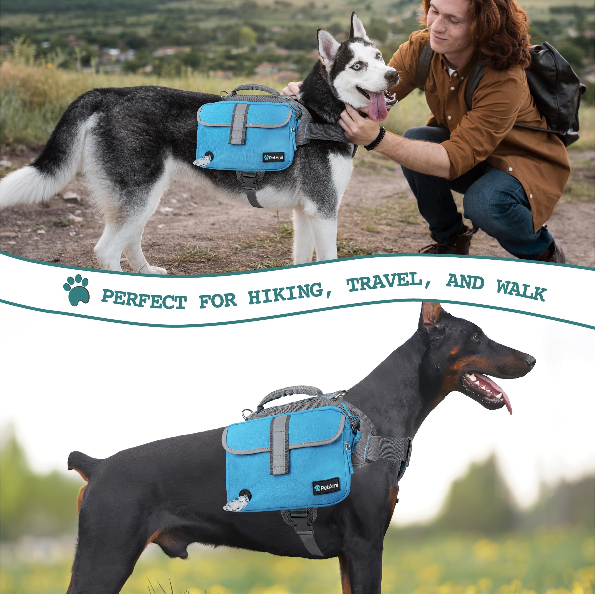 PetAmi Dog Backpack for Medium Large Dogs, Dog Saddle Bag for Dogs to Wear, Harness Saddlebag with Reflective Safety Side Pocket
