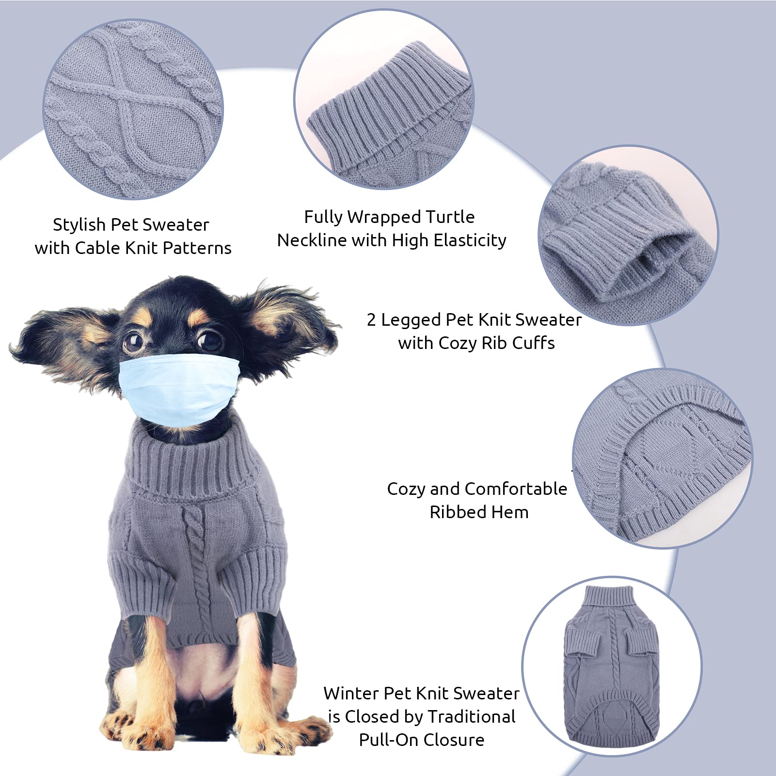 Queenmore Small Dog Pullover Sweater, Cold Weather Cable Knitwear, Classic Turtleneck Thick Warm Clothes For Chihuahua, Bulldog, Dachshund, Pug, Yorkie (Grey, Large)