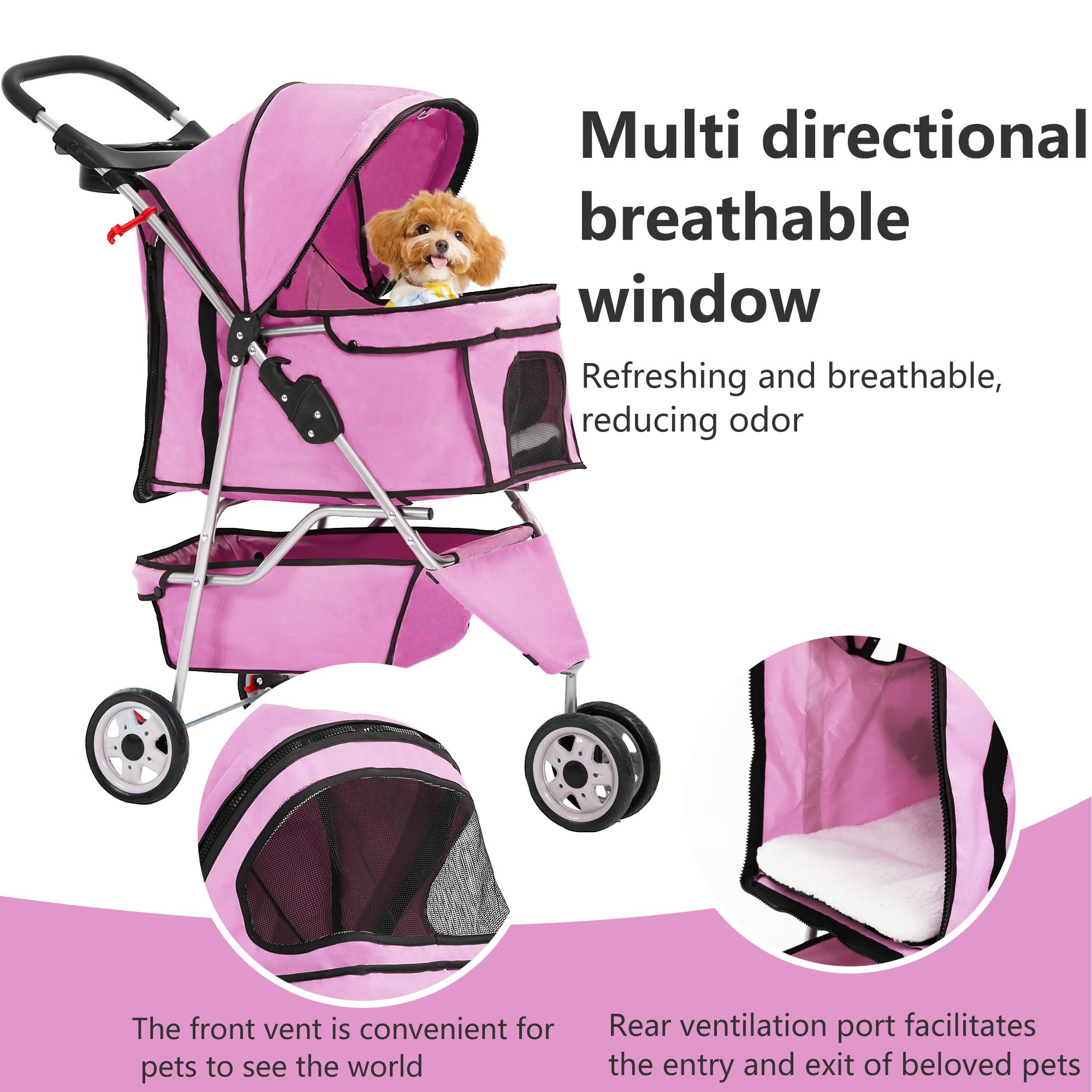 FDW 3-Wheel Pet Stroller Foldable Dog Cat Jogger Stroller Durable Travel Folding Carrier with Storage Basket Cup Holder,Peach Pi