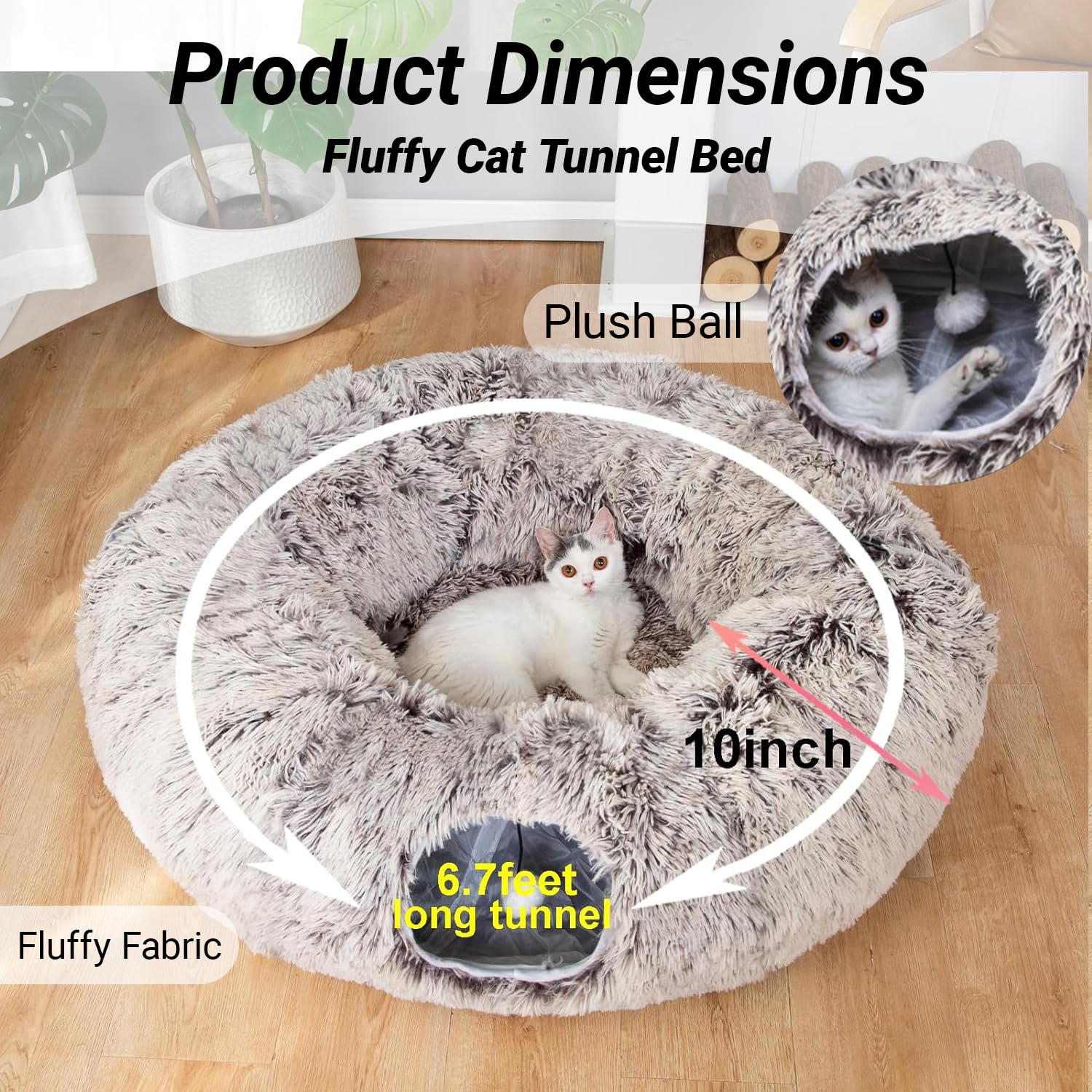 LUCKITTY Warm Fluffy Plush Cat Dog Tunnel Bed with Washable Cushion-Big Tube Playground Toys 3 FT Diameter Longer Crinkle Collap