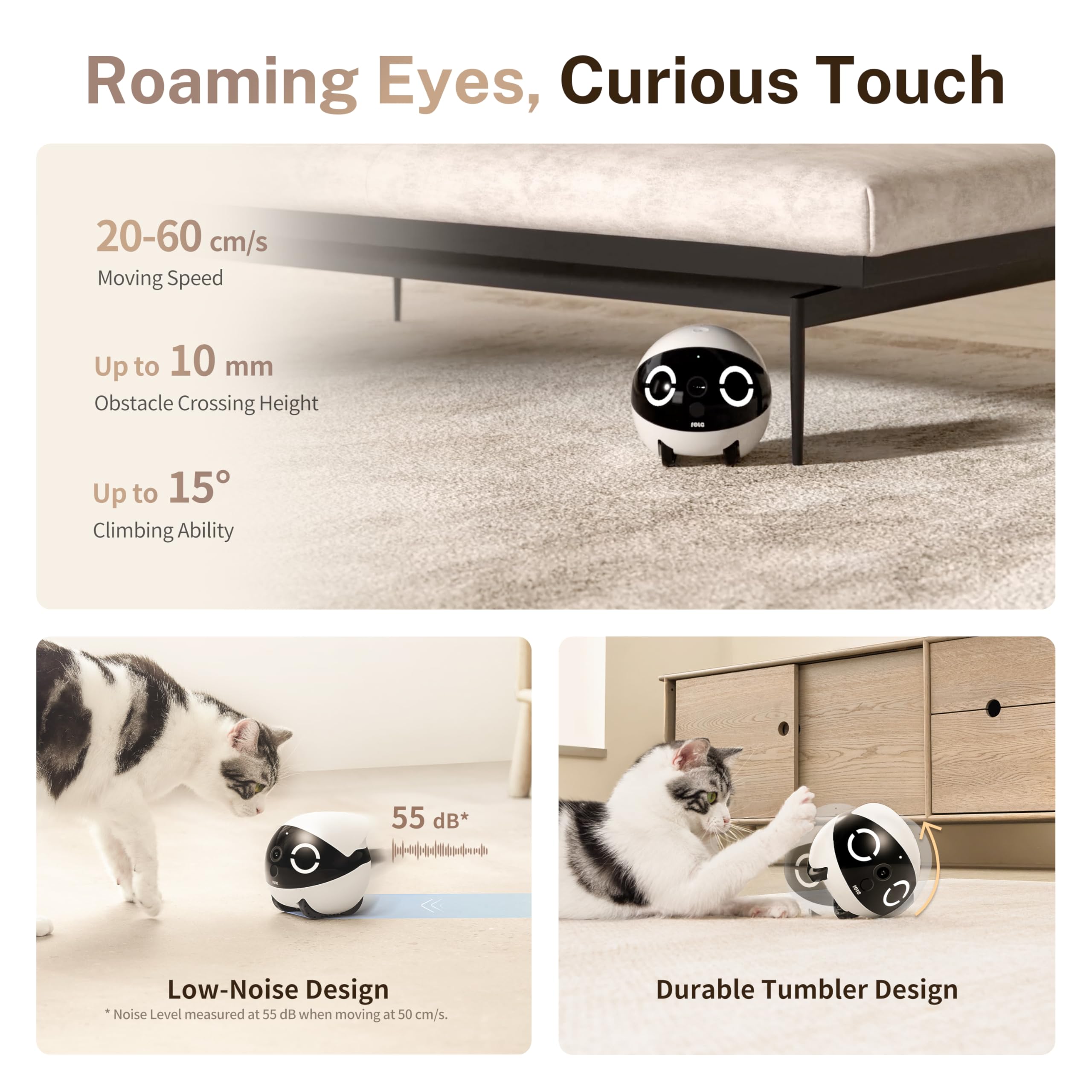 Enabot EBO ROLA Mini 2K Camera Robot: Movable Pet Camera Battery-Powered with Phone App, Indoor Cam w/One-Touch Call, 2-Way Talk