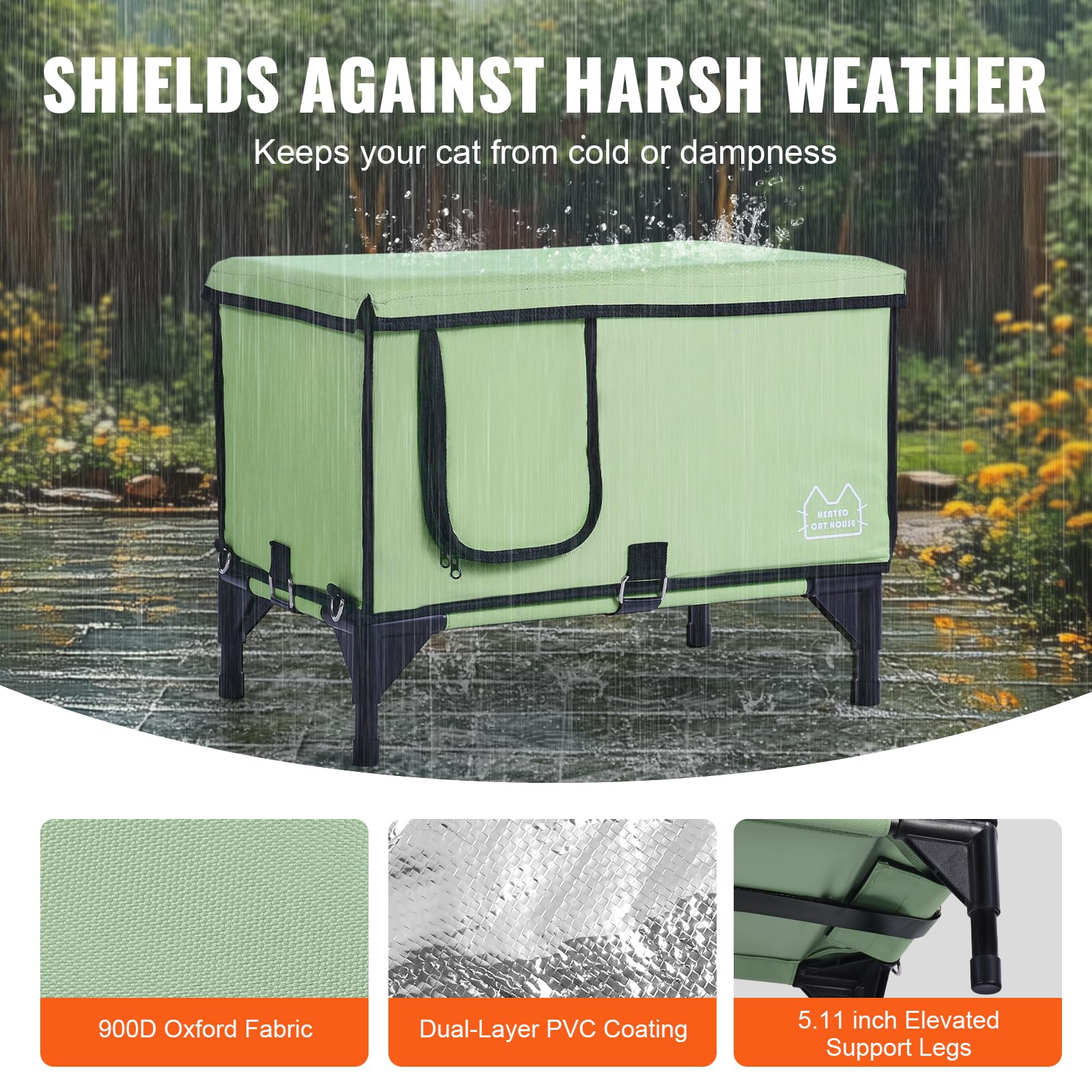VEVOR Elevated Heated Cat House, Cuboid Kitty Shelter, 900D Oxford Cloth Foldable Cat Shelter with Heated Pad for Winter to Stay