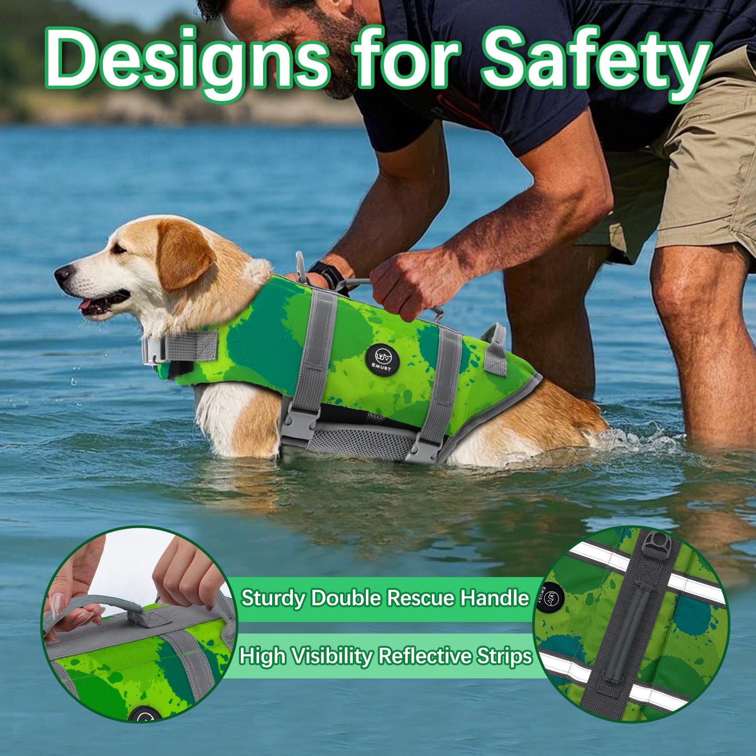 Emust Dog Life Jacket, Xl, Multigreen, Waterproof, Breathable, Adjustable With Rescue Handle, For Swimming Pool Beach Boating