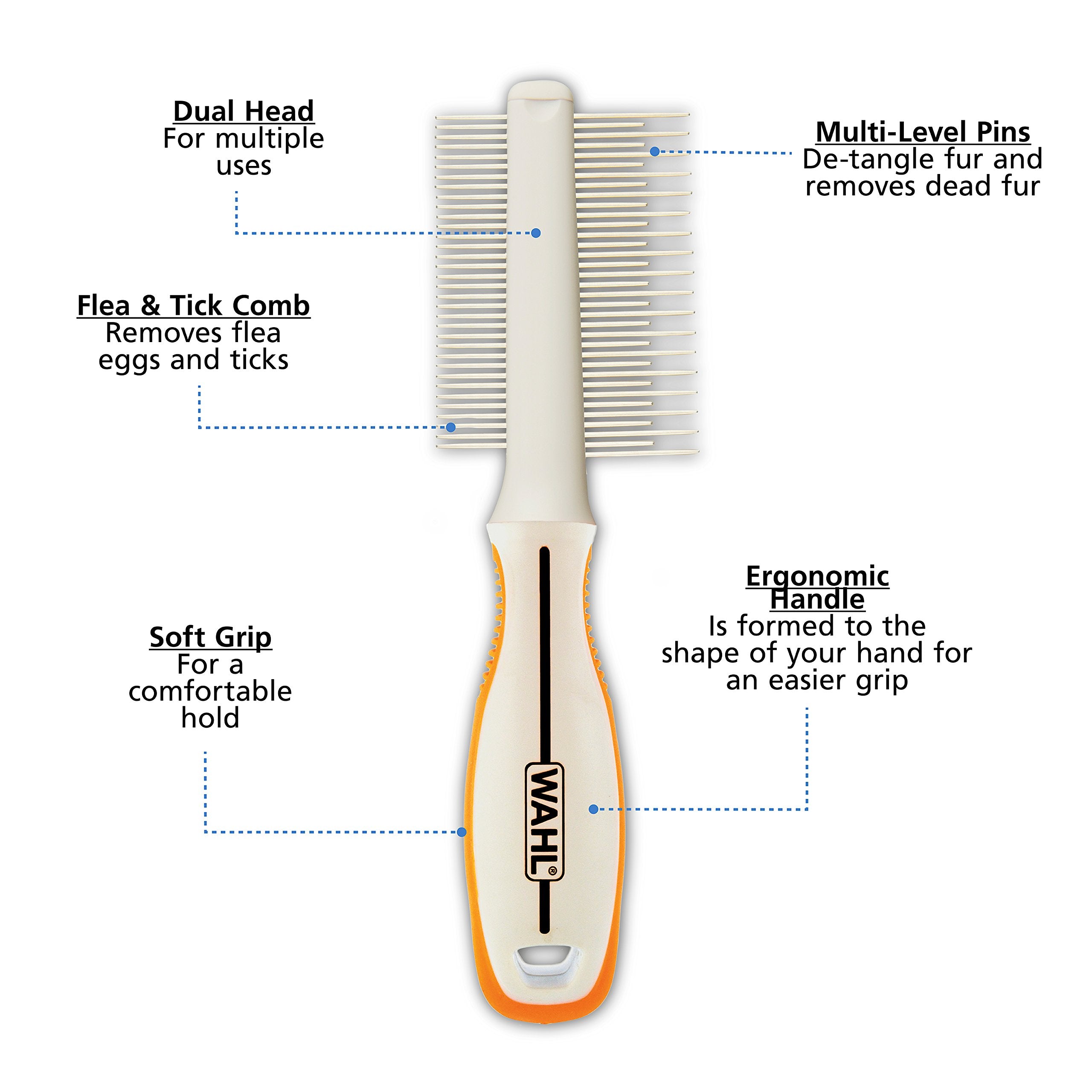 Wahl Premium Flea, Hair Pick, & Finishing Comb with Ergonomic Grips for Dog Grooming, Brushing, Detangling, and Flea Removal - M