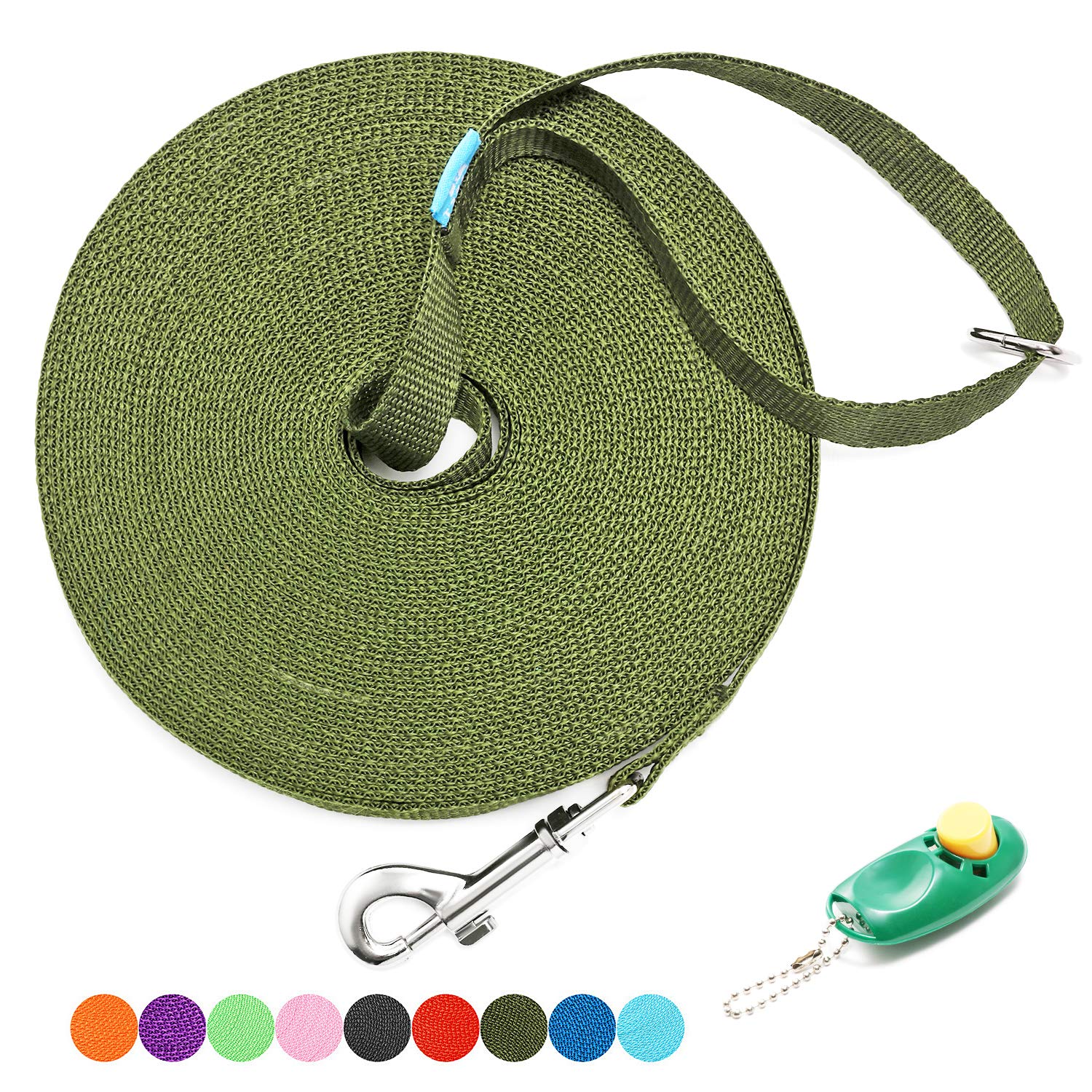 Baapet 15/20/30/50/100 Ft Long Dog Training Leash With Clickers For Small, Medium And Large Dogs Or Cats (30 Feet, Darkgreen)