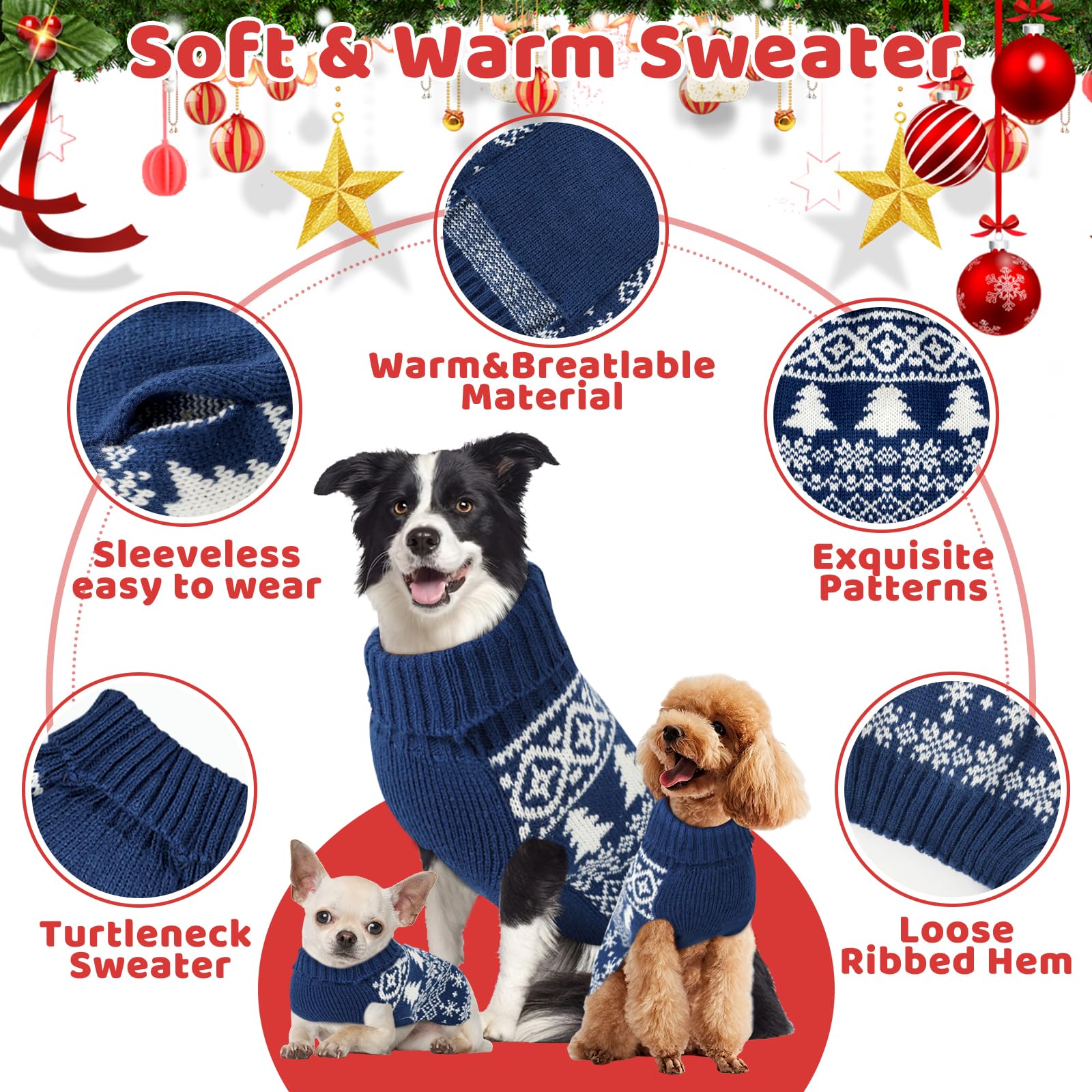 Christmas Dog Sweaters For Small Large Dogs Girl, Soft Warm Pup Dogs Shirt, Turtleneck Dog Sweaters For Medium Large Dogs, Double Knitting Collar For Outdoors Playing, Warm Dog Cat Clothes Blue L