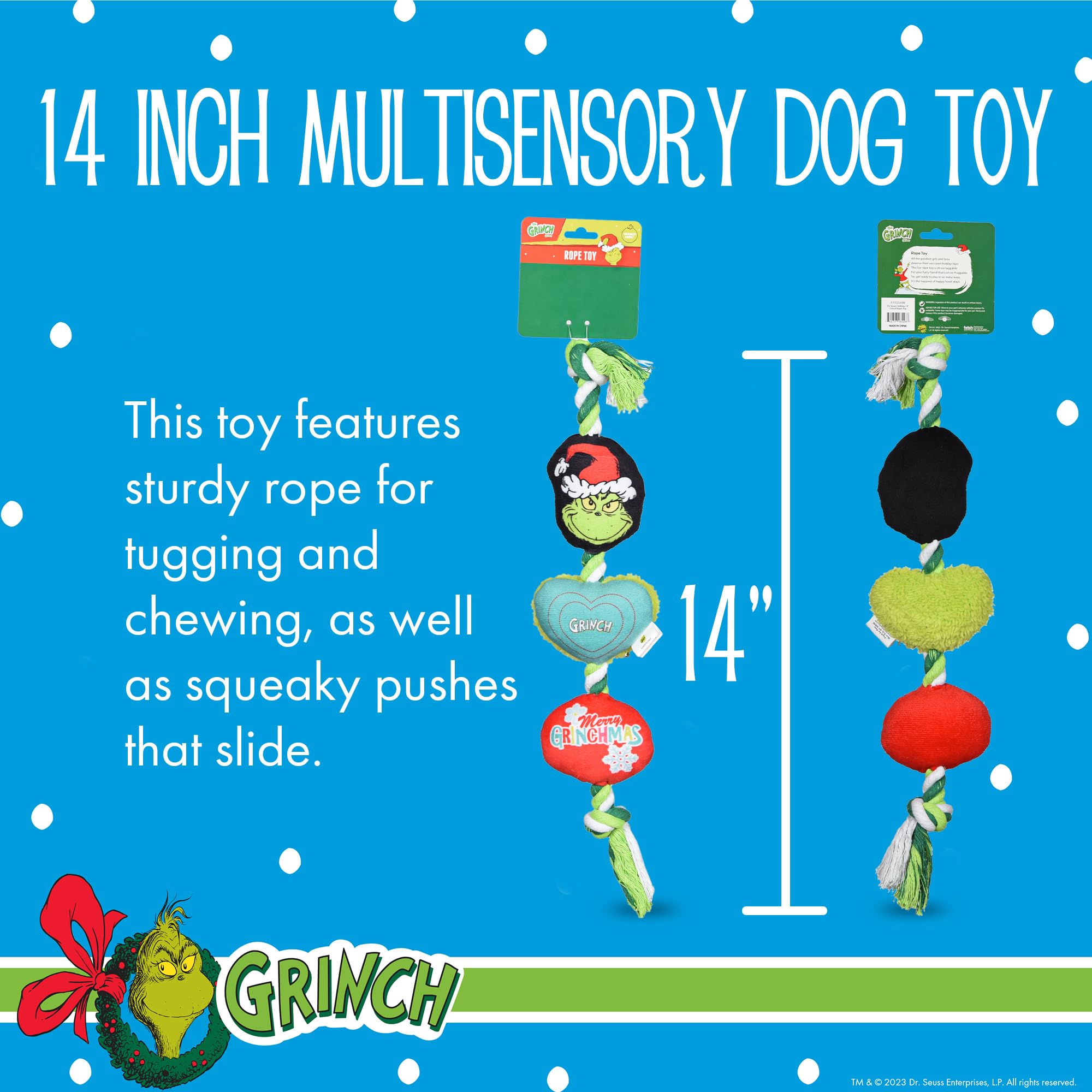 Dr. Seuss For Pets How The Grinch Stole Christmas 14” Grinch Rope Toy For Dogs | Squeaky Dog Toys, Rope Dog Toys, Holiday Toys For Dogs, Pet Christmas Stocking Gifts | The Grinch Dog Toys