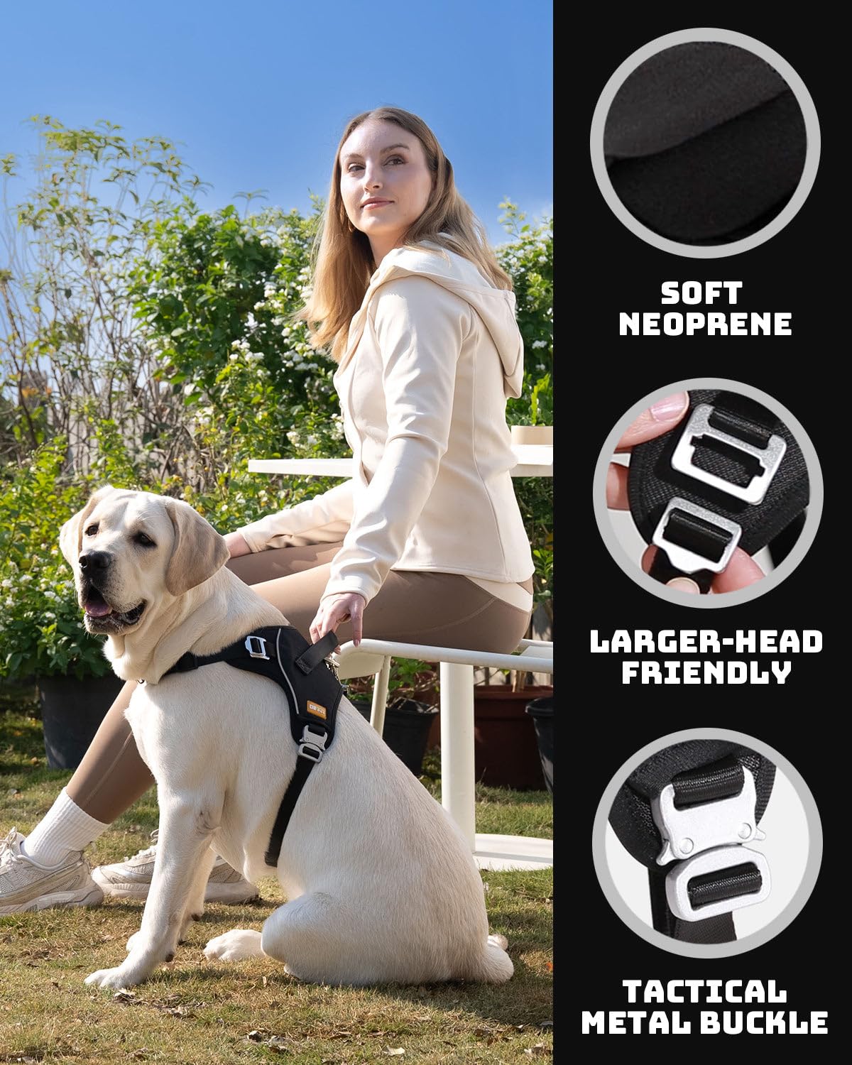 DF No Pull Step-in Martingale Dog Harness, Reflective, Adjustable, 3/4" (Chest 11.8"-13.0"), Black, Nylon, Tactical Metal Buckle