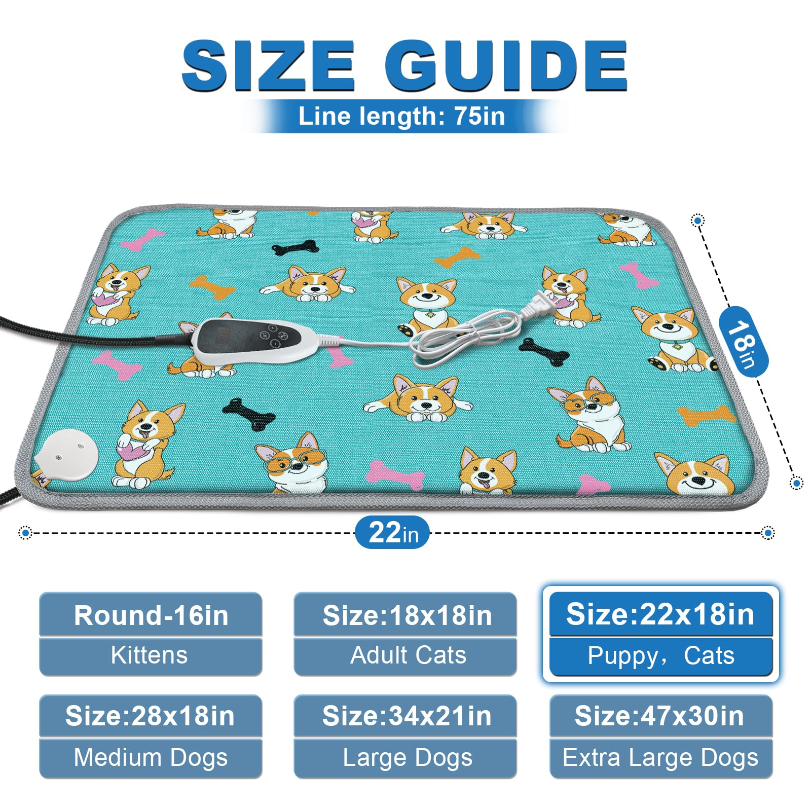 Golopet Pet Heating Pad 22X18 In Cat Heating Pads For Cats Waterproof Smart Thermostat Switch, Adjustable Heated Cat Bed, Adding Wire Rope Wires Cat Warming Pad-Blue