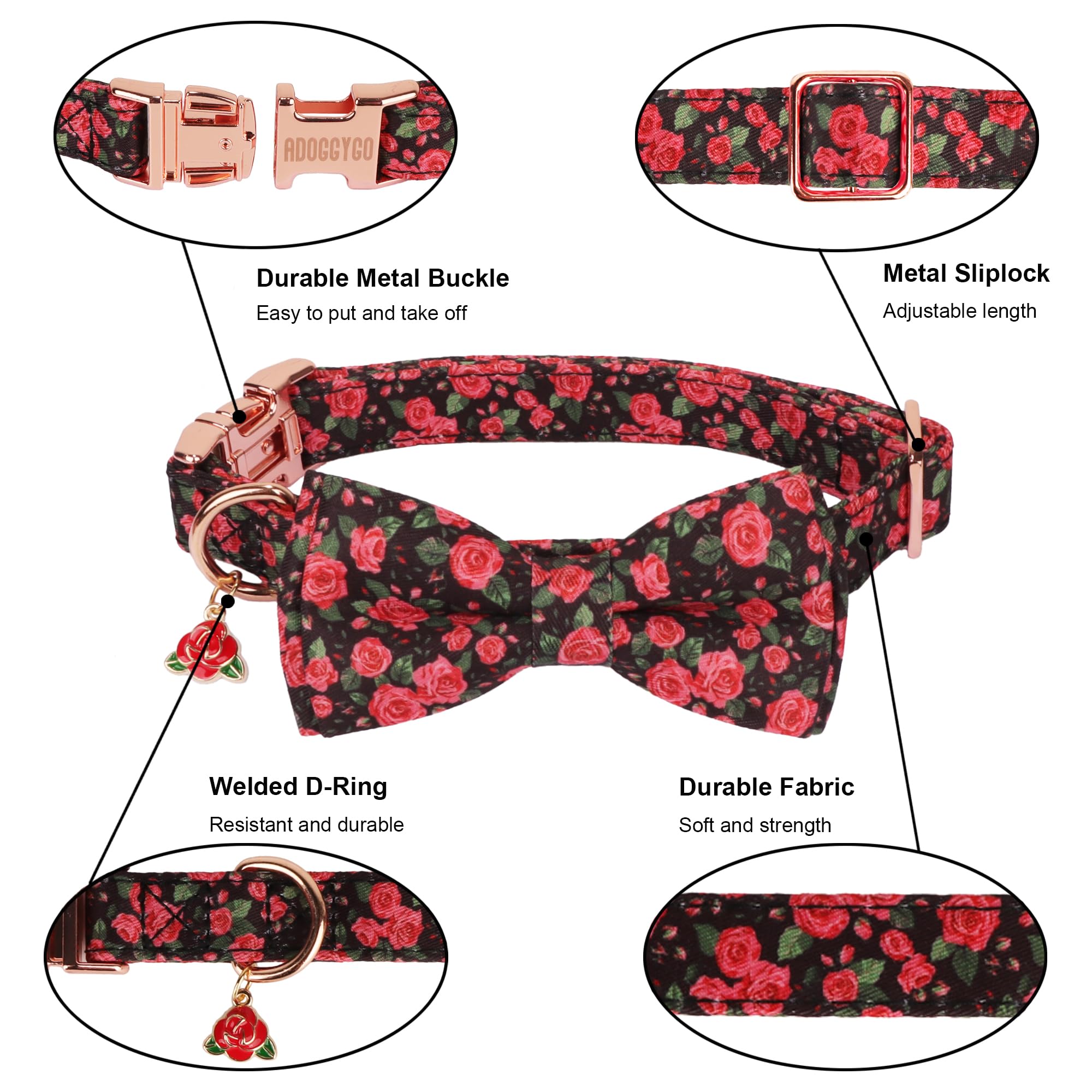 Adoggygo Floral Dog Collar With Bow, Red Rose Flower Dog Bowtie Collar With Metal Buckle, Adjustable Pet Floral Collars For Larg