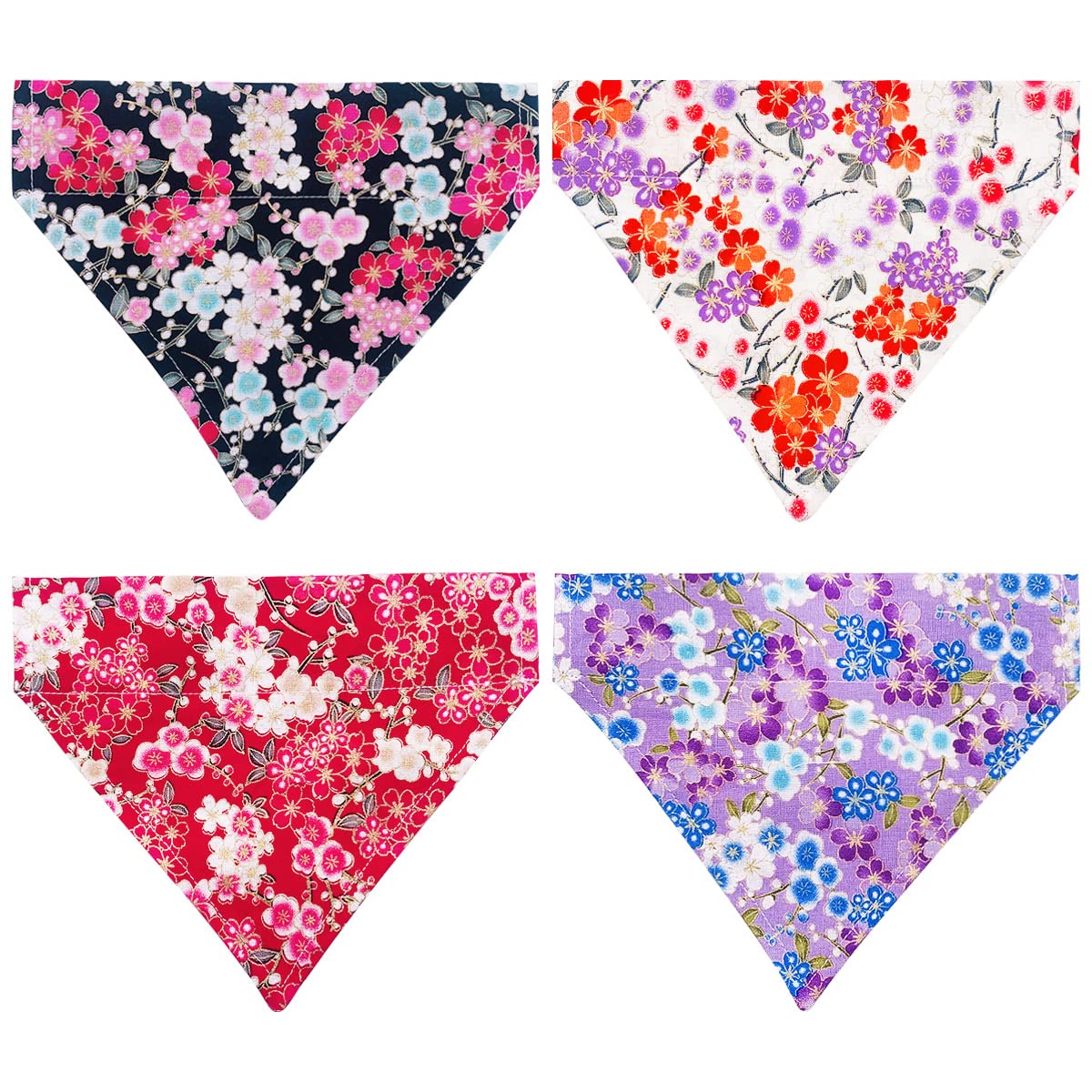 Pet Show 4Pcs Small Dog Bandanas Slide On Collar Set Washable Cherry Blossoms Puppies Cat Bandanas Bibs Slip Through Collar Acce
