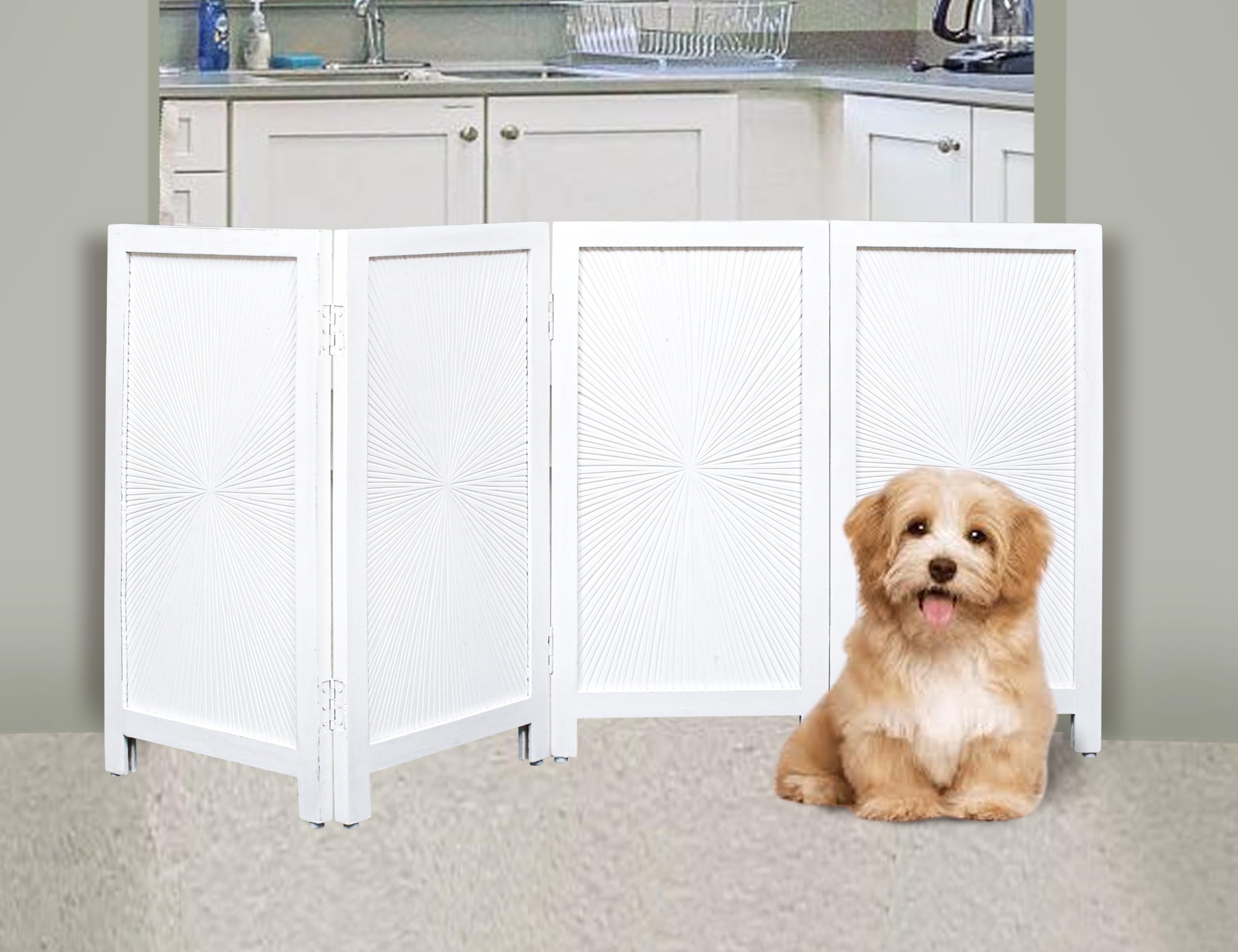 Raise Wooden Foldable Pet Dog Safety Gate - 4 Panels 56 Wx28 H- Hand Carved Solid Wood and MDF - Free Standing Portable Indoor D