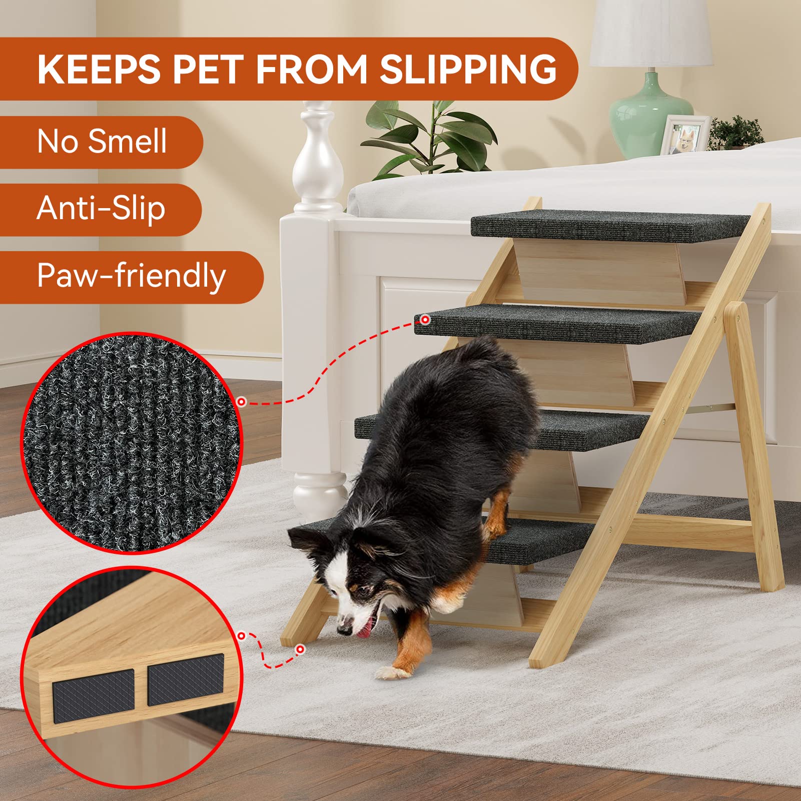 RunLexi Pet Stairs - 4-Steps Wood Ramp for Large Dogs, Up to 110 lbs, Natural Finish, Model RL15019, Foldable with Non-Slip Pads