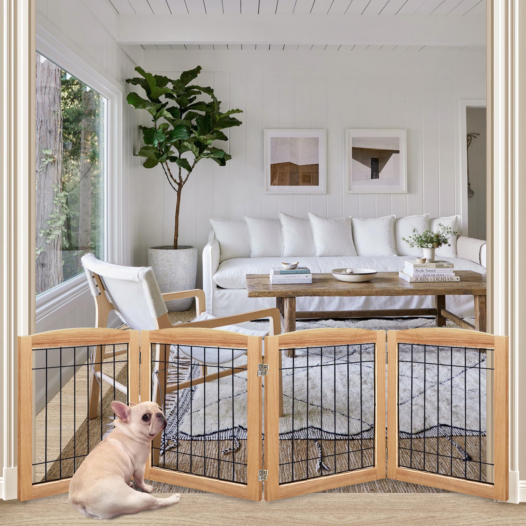 Lzrs 4-Panel Extra-Wide Wooden Freestanding Dog Gate: Foldable Solid Wood And Steel Wire Chew Resistant Safety Barrier For Doorw