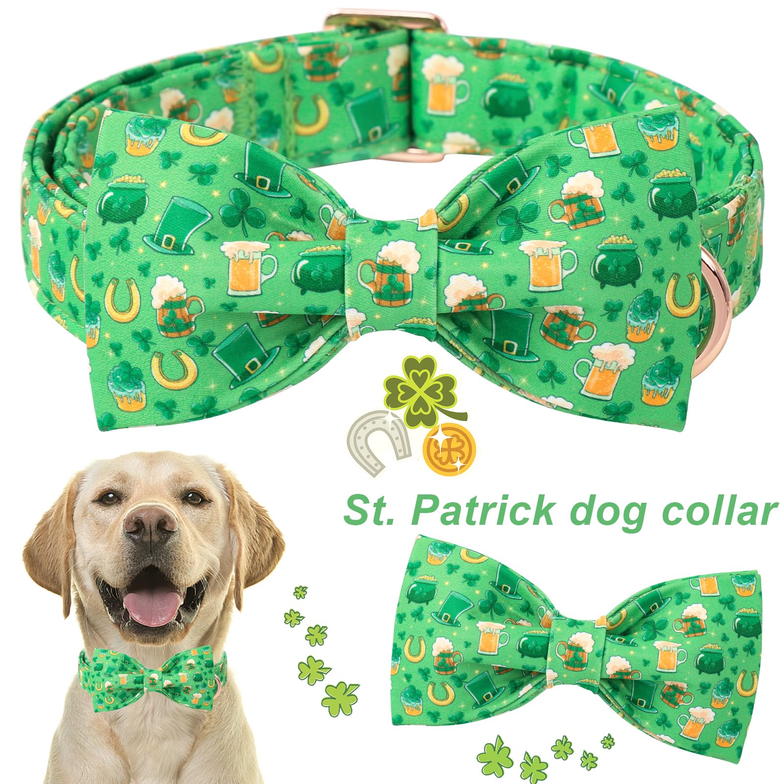 Aring Pet St Patrick'S Day Dog Collar-Green Lucky Clovers Dog Collar With Bow, Adjustable Shamrock Bowtie Dog Collars Trefoil Pe