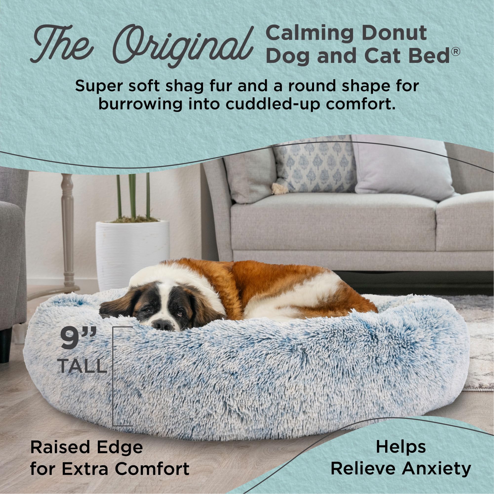 Best Friends By Sheri The Original Calming Donut Dog And Cat Bed In Shag Fur, Denim Blue, Extra Large, 45X45