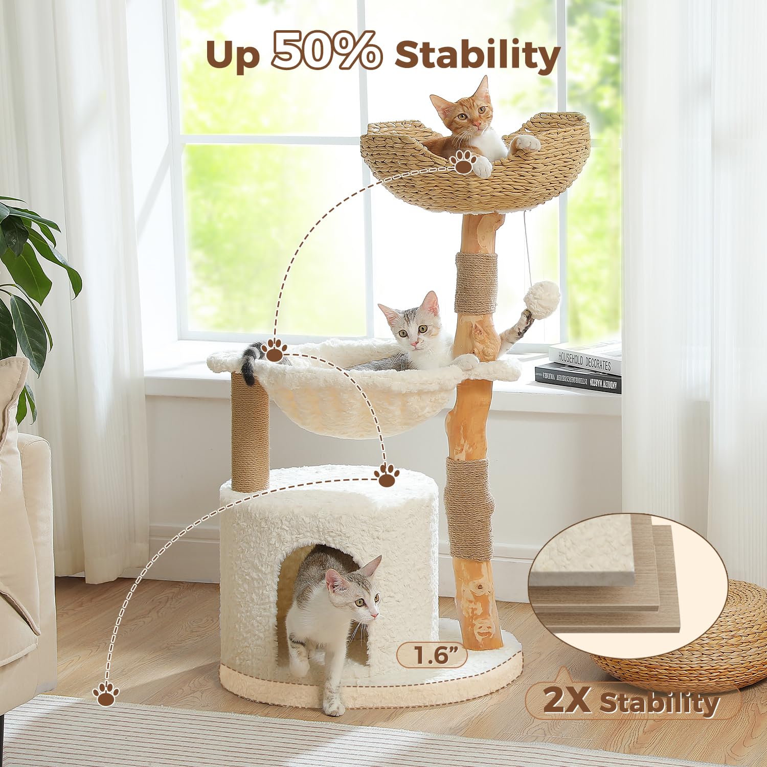 Pawz Road Modern Cat Tree With Natural Solid Wood Scratching Post, 40 Inches Cat Tower With Spacious Wicker Basket,Large Hammock