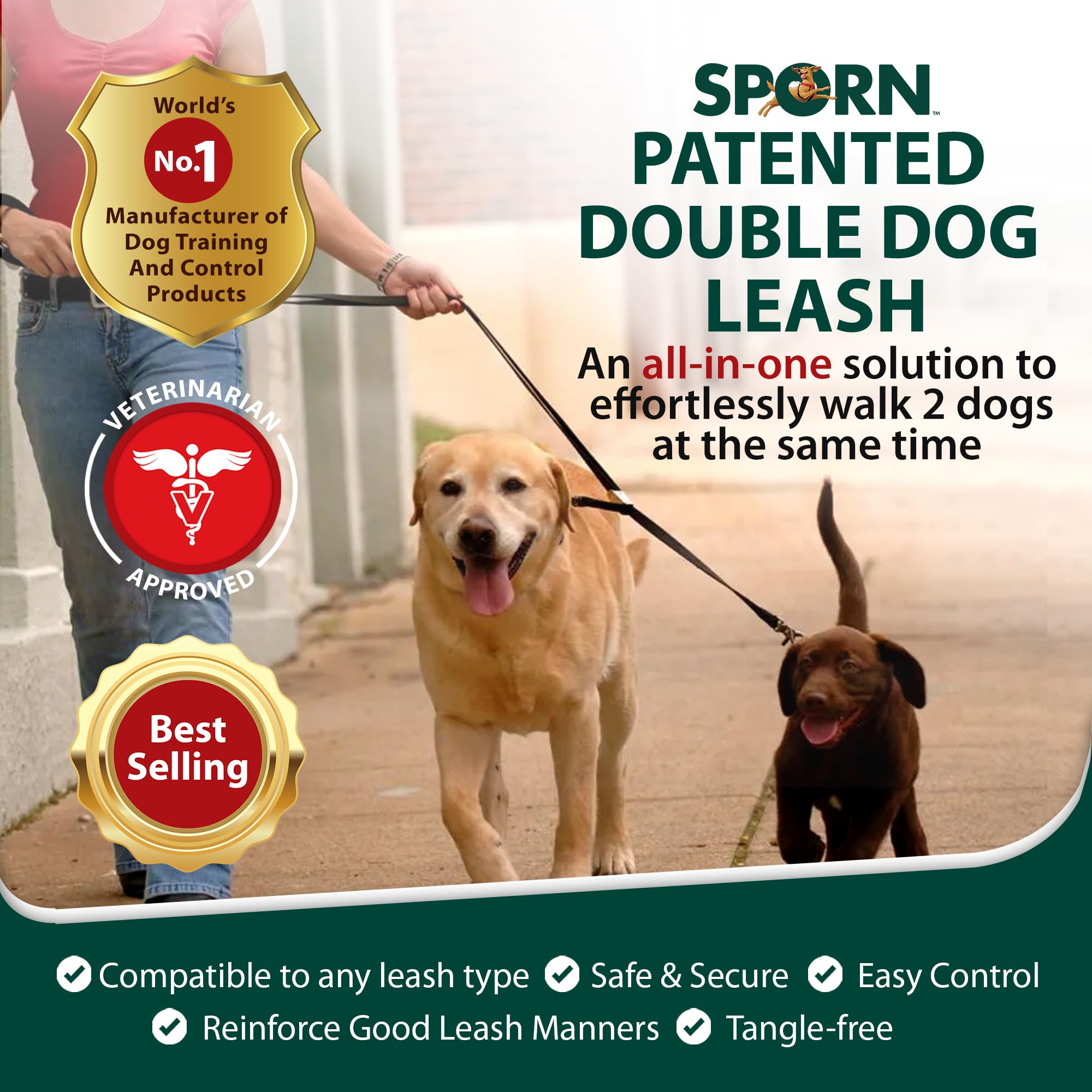 Sporn Double Dog Leash Coupler, Strong Nylon Webbing, Cushion Handle, Standard Size, Black, Model 10079