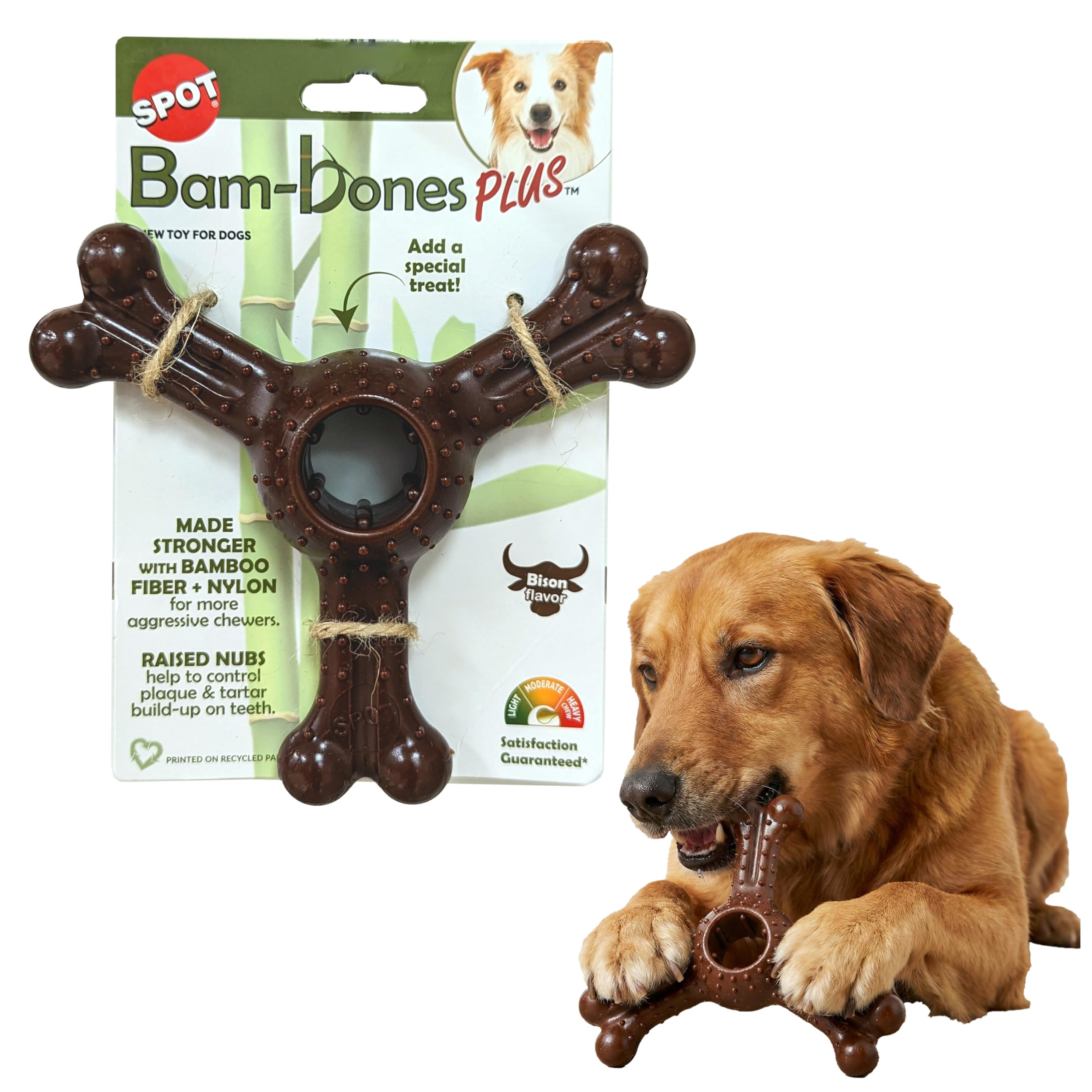 SPOT Bam-Bones Plus Triple Chew - Bamboo Fiber & Nylon, Durable Long Lasting Dog Toy for Aggressive Chewers - Great for Adult Do