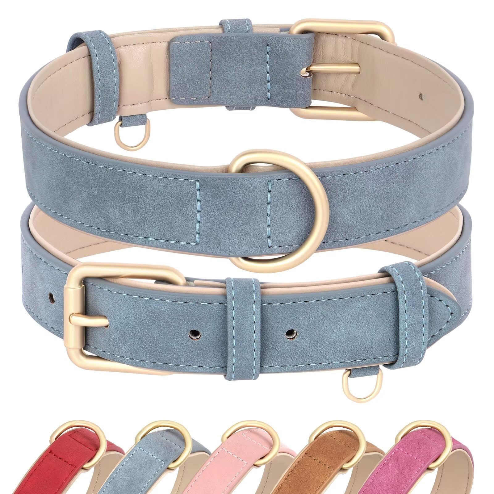 Didog Soft Padded Leather Dog Collar, Adjustable Dog Collars For Medium Dogs With Heavy Duty Metal Buckle And D Ring,Blue,L