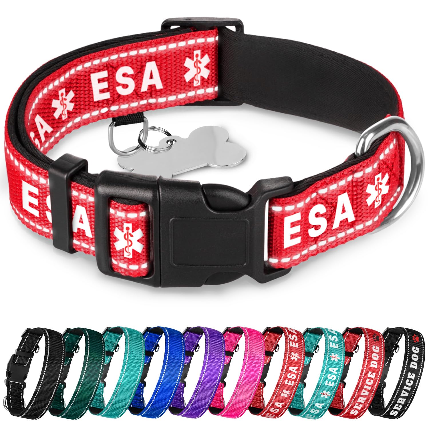 Teceum Reflective Pet Collar - Red - Esa - M - Extra Soft Padding - Basic Nylon Dog Collar - Quick Release Buckle - Fits Small, 