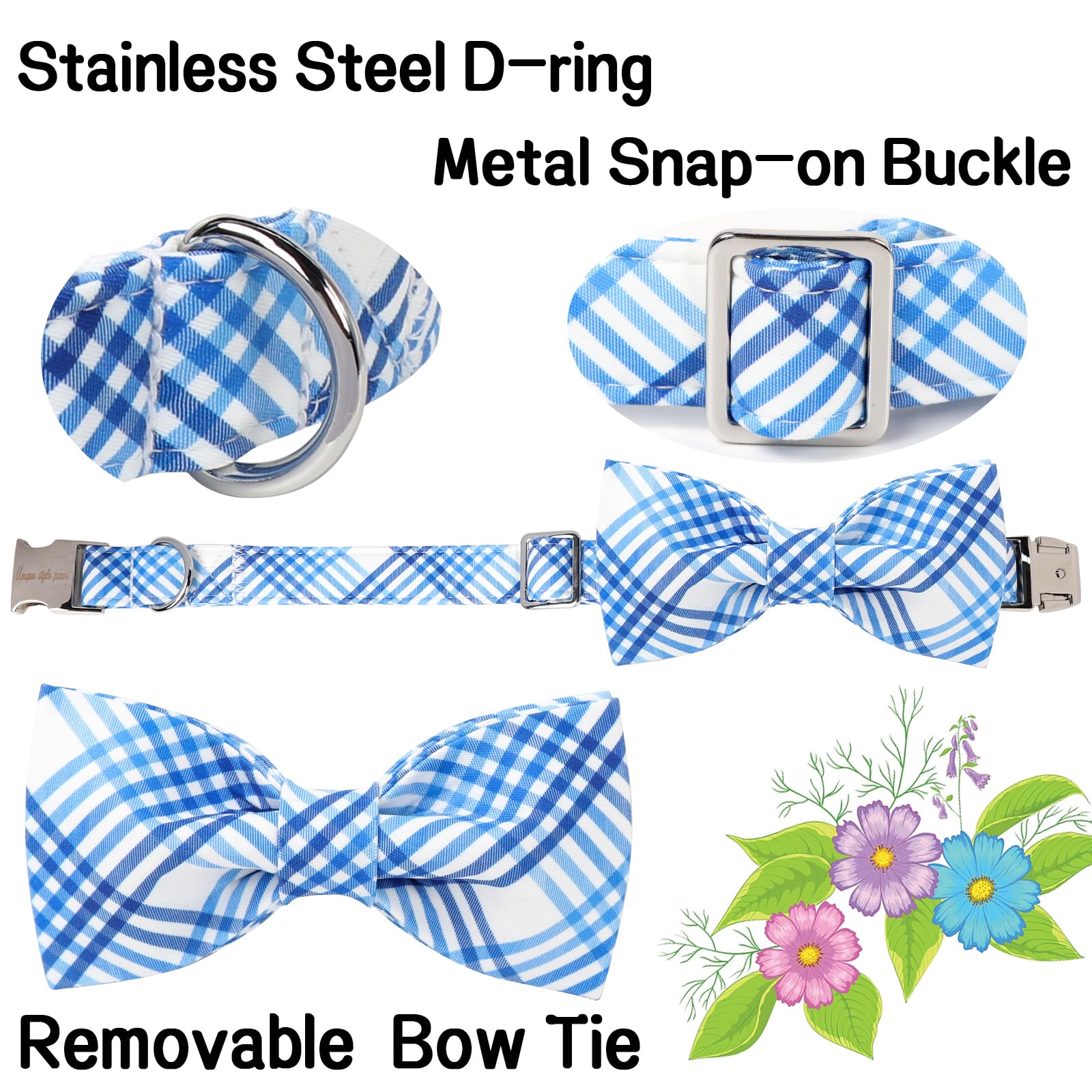 Unique Style Paws Cotton Dog Collar With Bow Spring Summer Collar With Blue White Grid For Small Medium Large Boys Girls Dogs