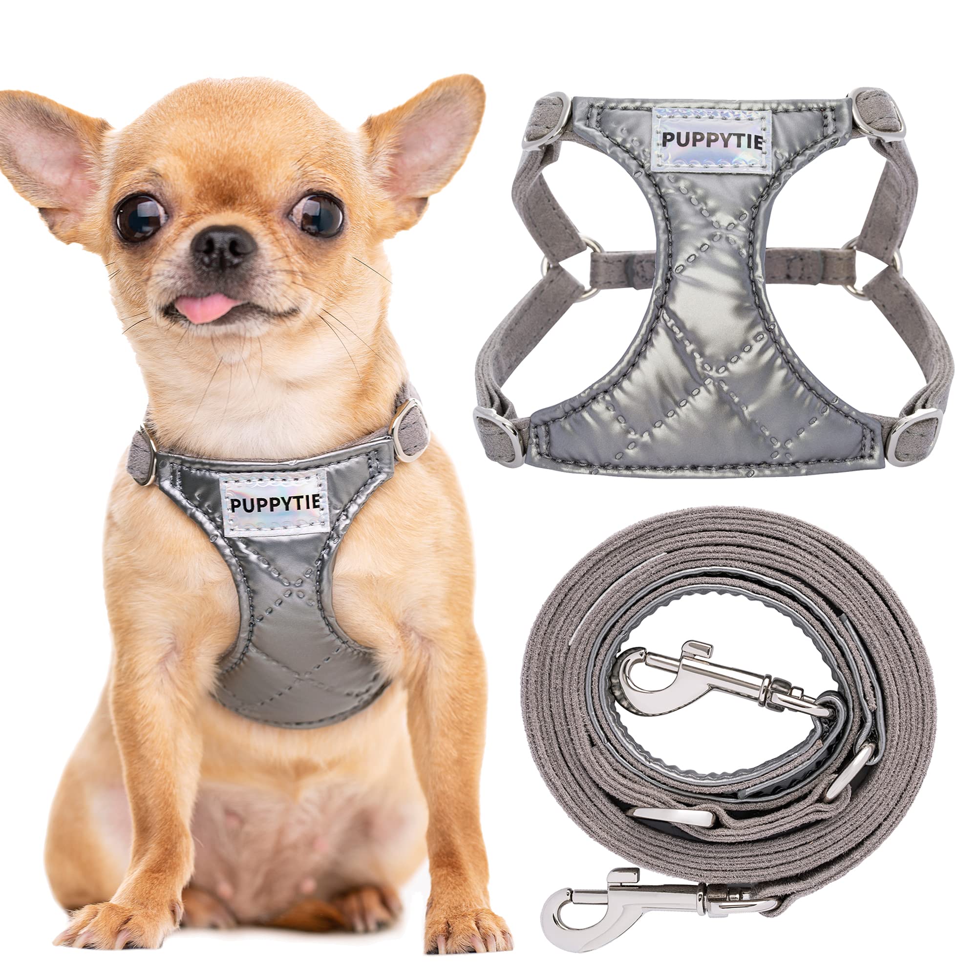 Puppytie No Pull Xs Dog Harness With Multifunction Dog Leash,Soft Adjustable No Choke Escape Proof Pet Harness Vest,Glossy Grey,