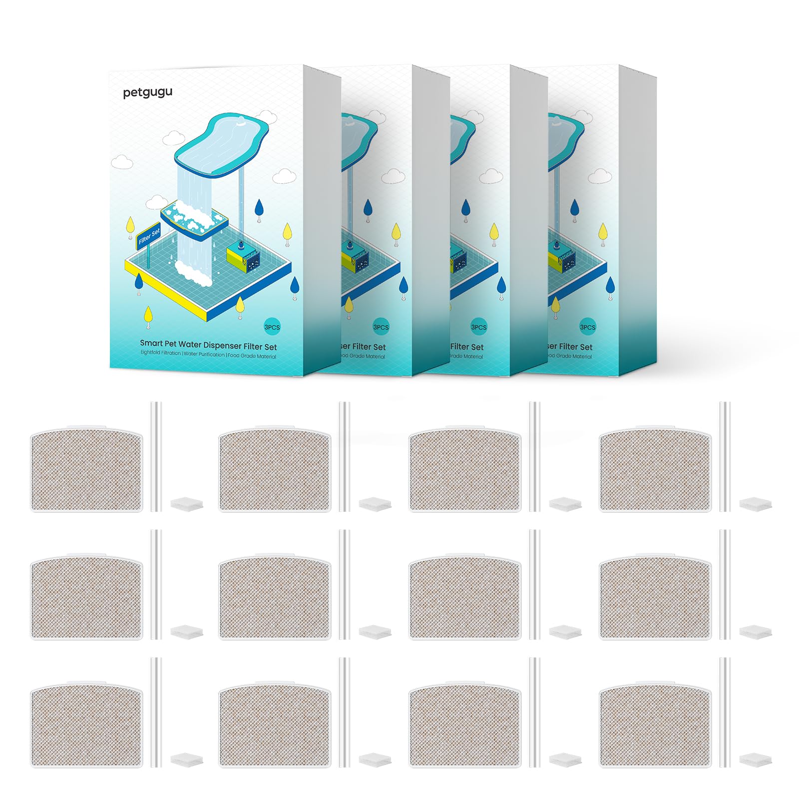 PETGUGU 12 Pack Replacement Filters for PF1/PF1L Cat Water Fountain (12 Pcs)