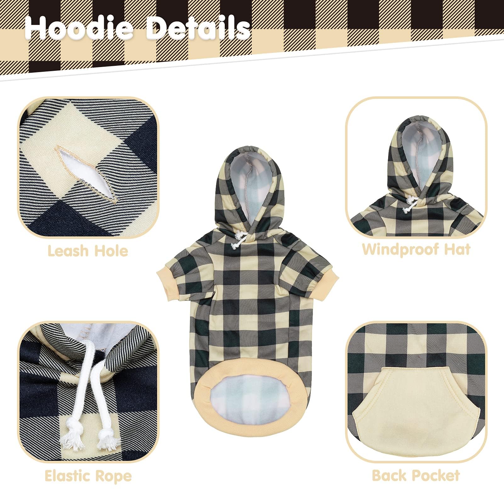 Plaid Dog Hoodie Pet Clothes Sweaters With Hat Beige Large (Pack Of 1)