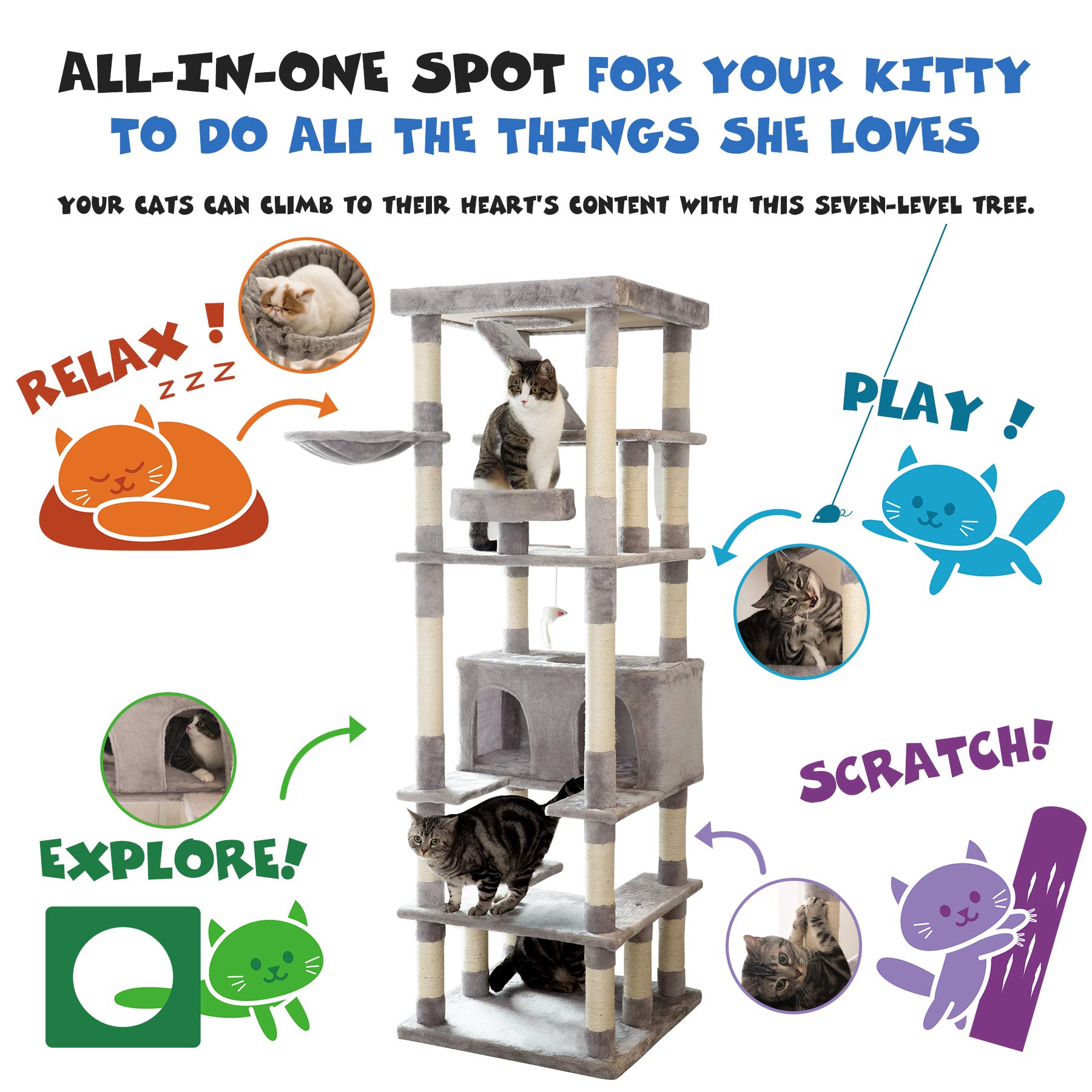 MWPO Large Cat Tree - Tall Cat Tower with Scratching Posts & Condo, Light Gray, Model US-63-EAA, Ideal Playground for Cats & Kittens