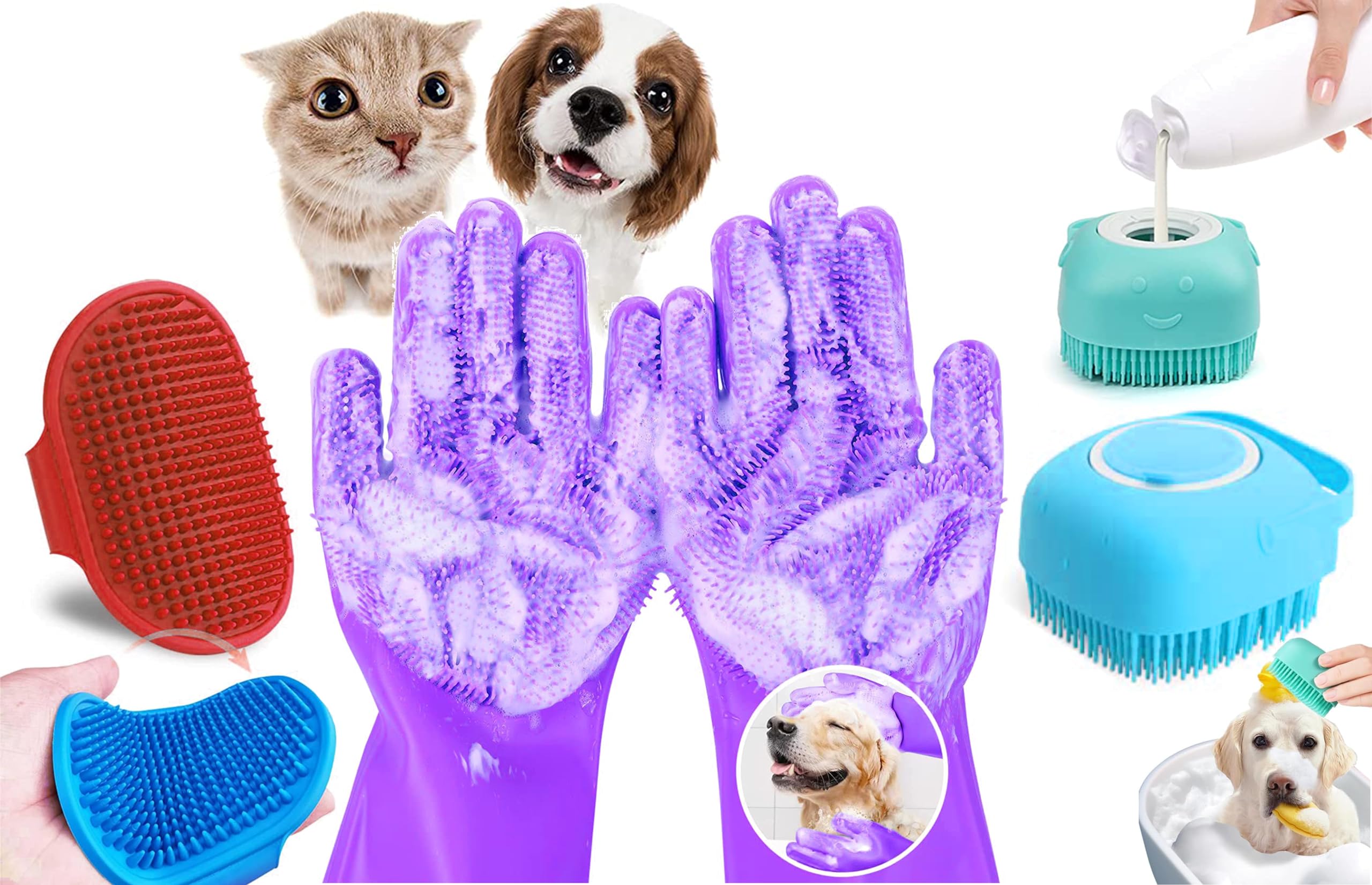 Styllent 3 Pack Of Silicone Pet Grooming Brush,Massager & Pair Of Gloves For Pet Shampoo Brush Soothing Rubber Bath For Pet Long